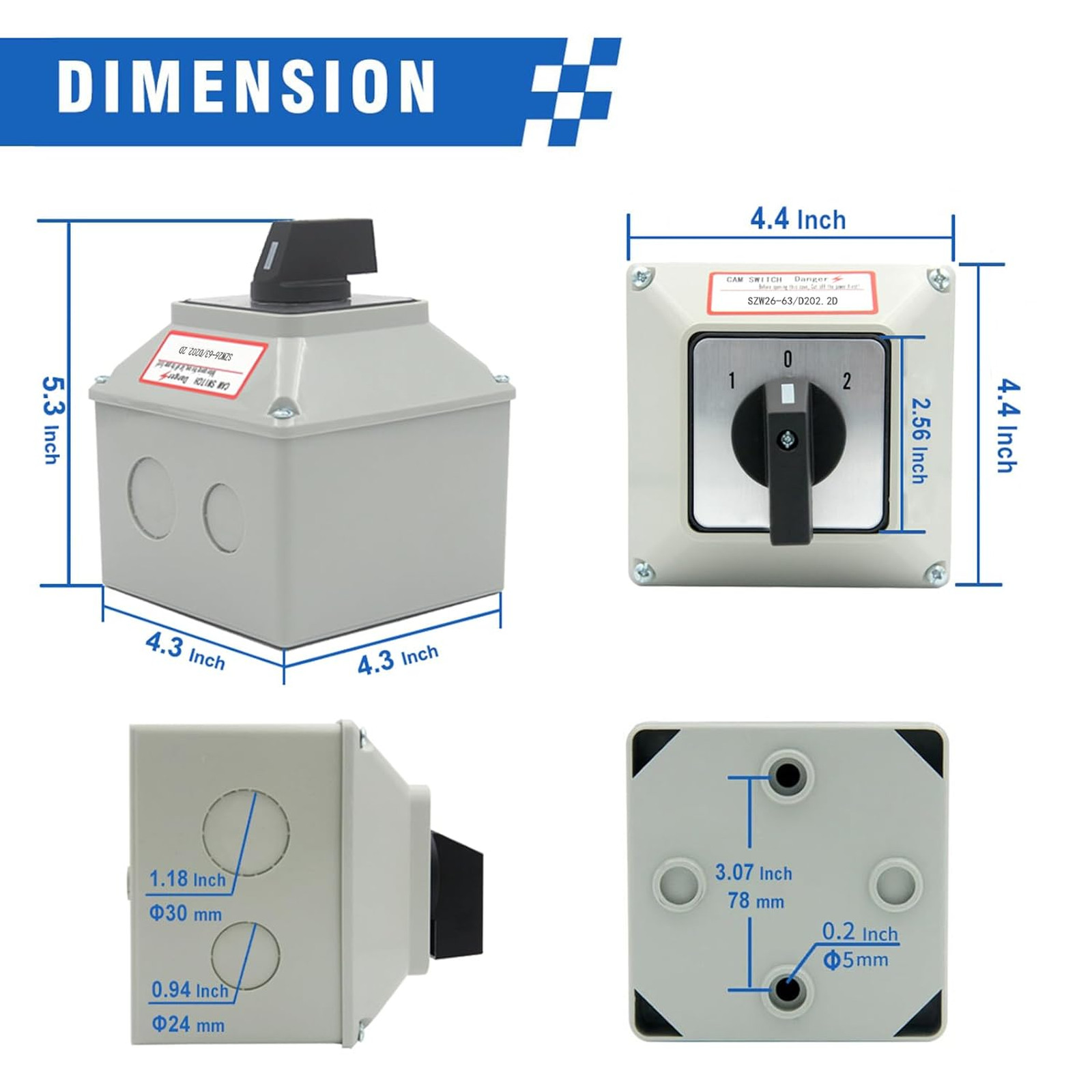 63A 660V 2 Pole Rotary Changeover Switch with Outer Box, 3 Position ON-Off-ON