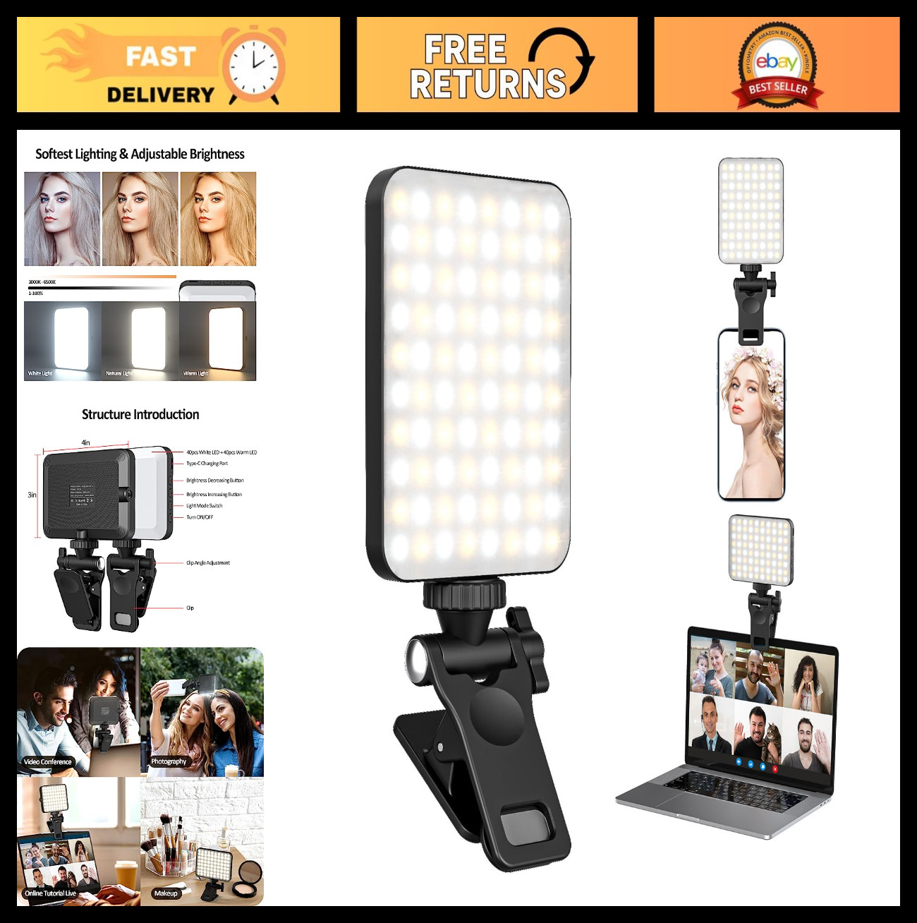 Rechargeable Clip-On Selfie Light for Phone, Laptop & Tablet - Portable Fill Lig