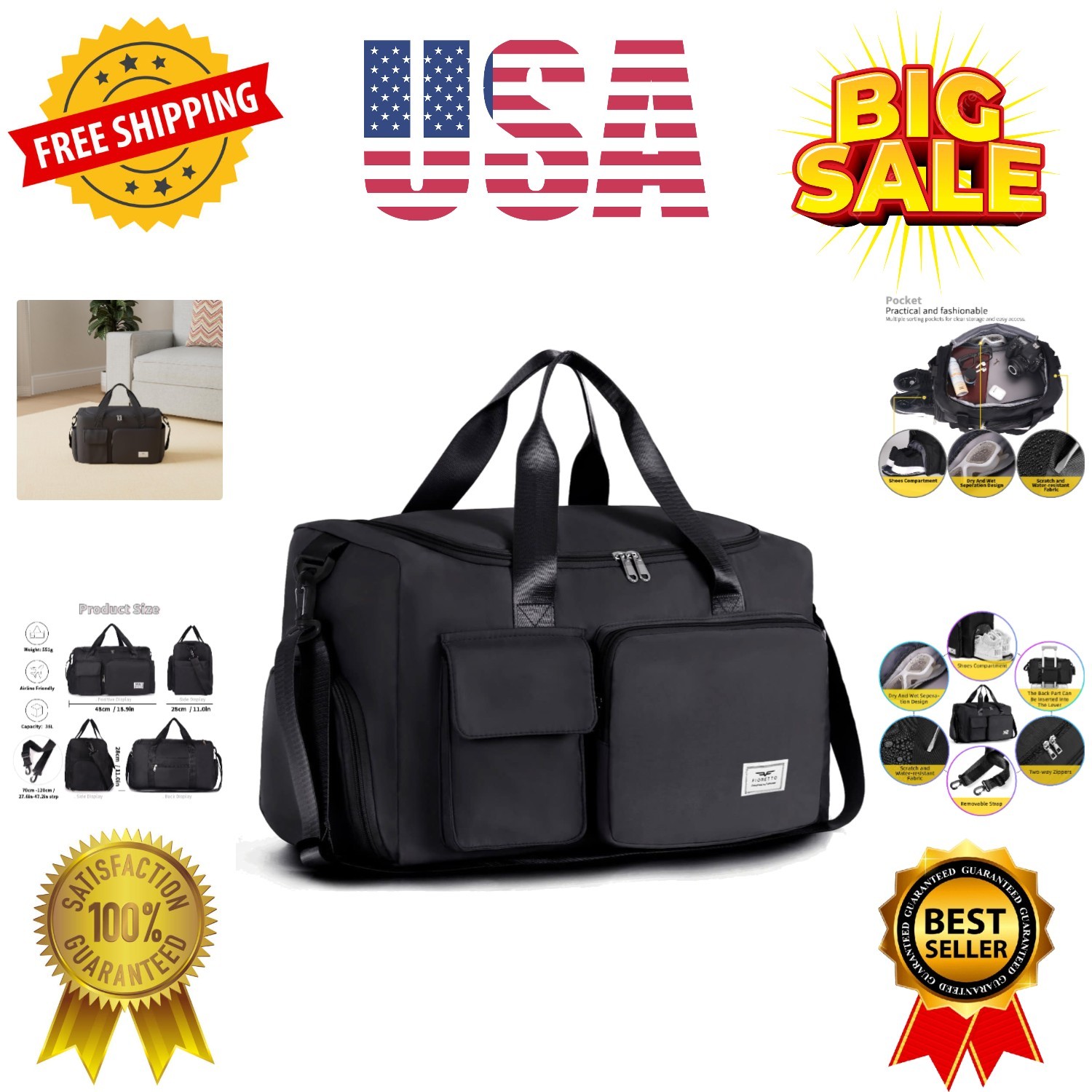 Women's Gym Duffle Bag with Shoes Compartment, 37L Capacity, Ideal for Travel...