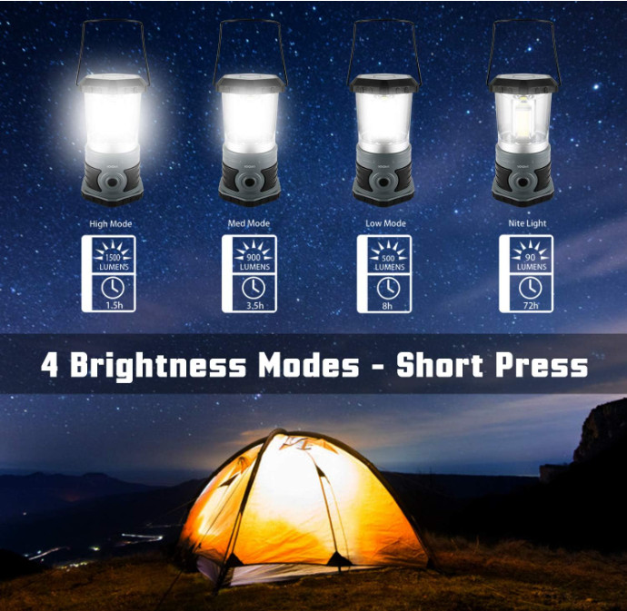 Linterna LED camping 1500 LM, 4 modos, pilas incluidas, resistente al clima