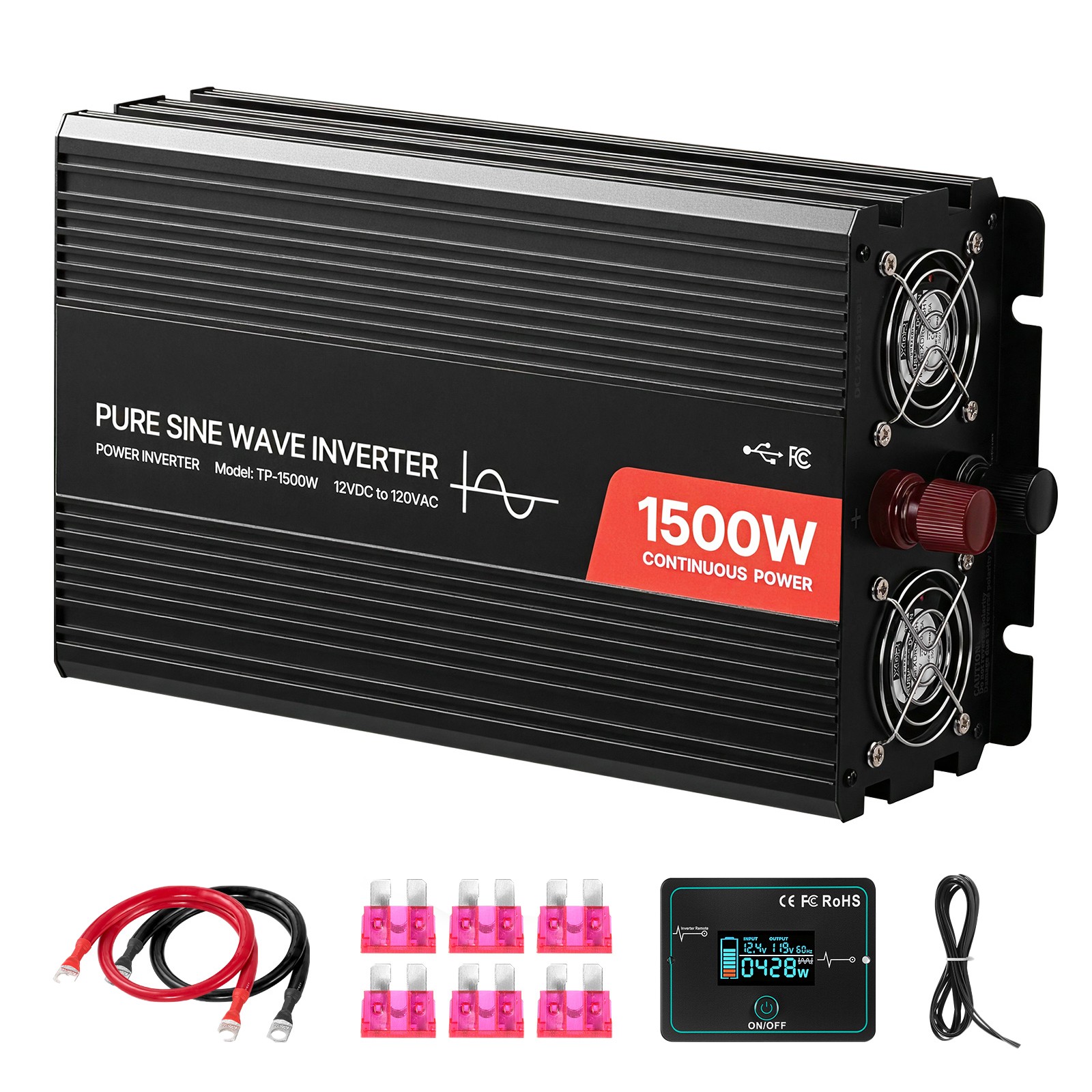 Uimoso 1500W Pure Sine Wave Inverter 12V DC to 120V AC with Remote & USB-C