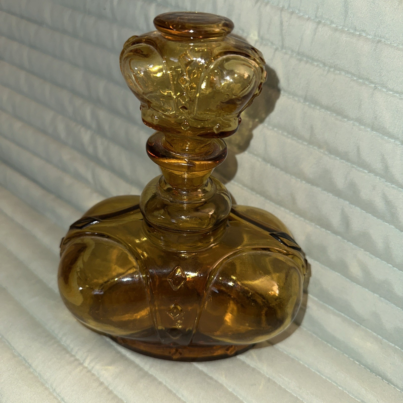 Vintage Made in Italy Victrylite Amber Glass Crown Style Liquor Bottle & Topper