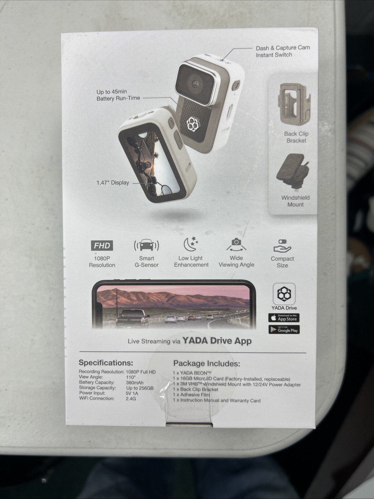 YADA BEON Dash Camera 1080p - White & Gray.
