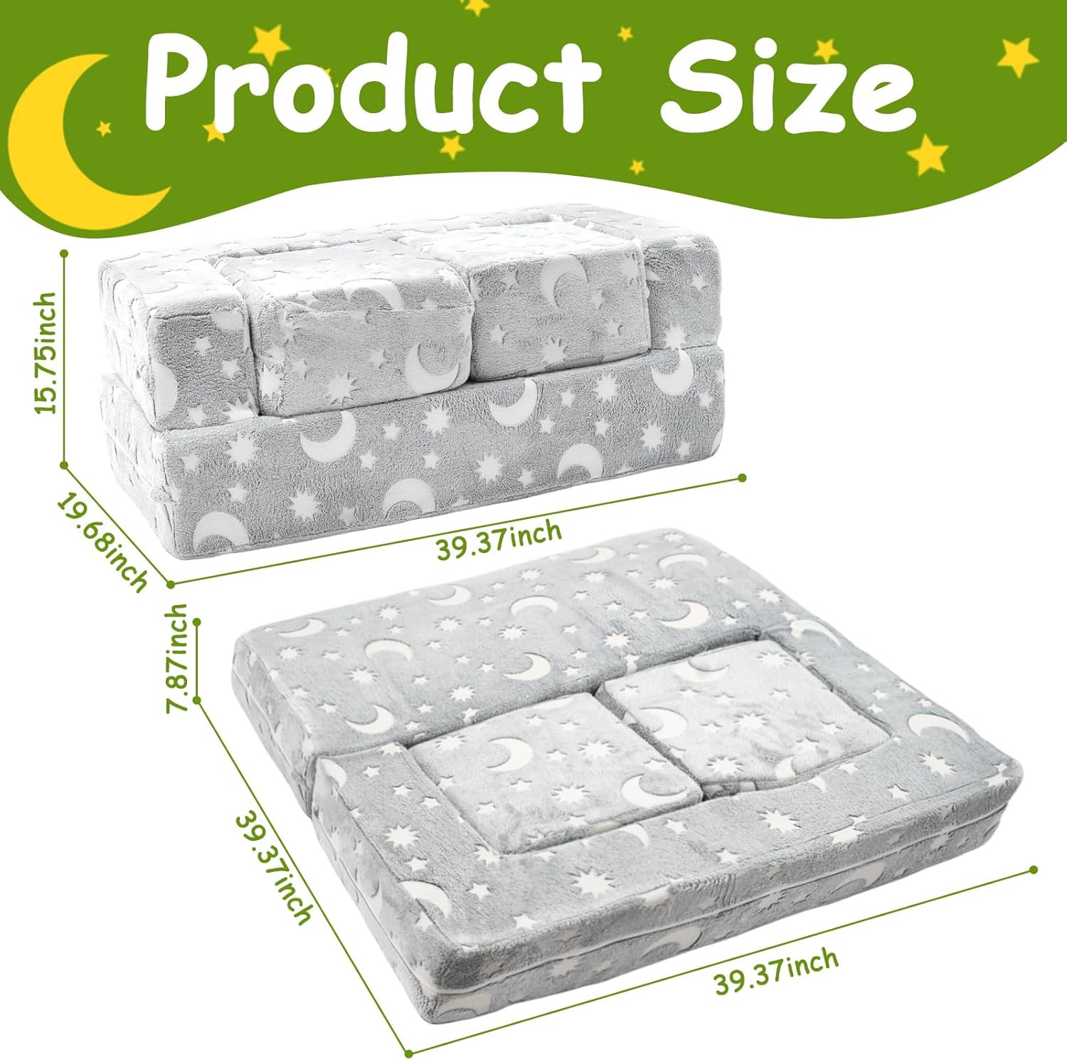 Kids Couch, 4Pcs Toddler Couch Sofa Bed, Glow-In-The-Dark Kids Chair Seat Playro