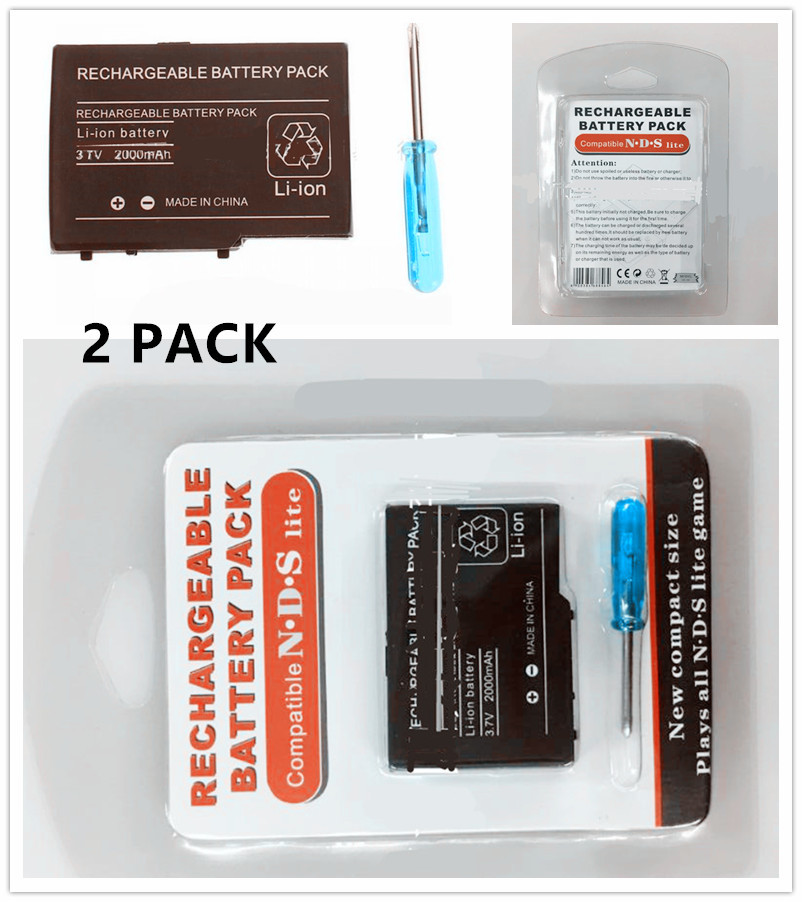TWO (2) PACK Replacement Battery 2000mAh Nintendo DS Lite NDSL +Screwdriver