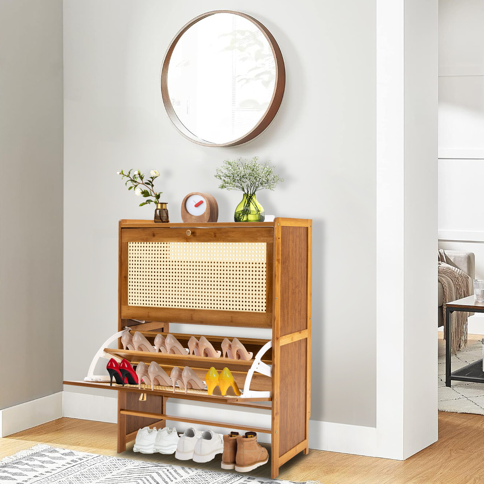70*24*87cm Tea Color Free Standing Shoe Racks Natural Rattan Shoe Cabinet
