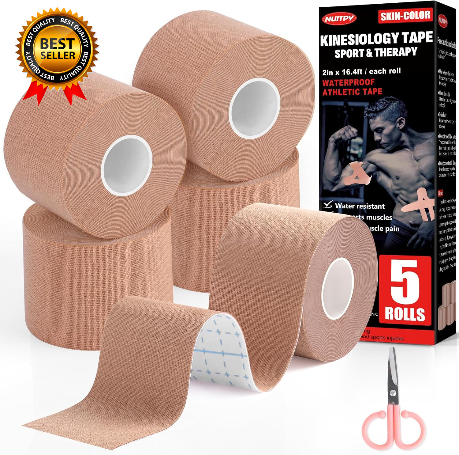 5 Rolls Tape 2 Inch X 16.4 Feet Waterproof Athletic Tape Uncut Kinetic Tape Musc