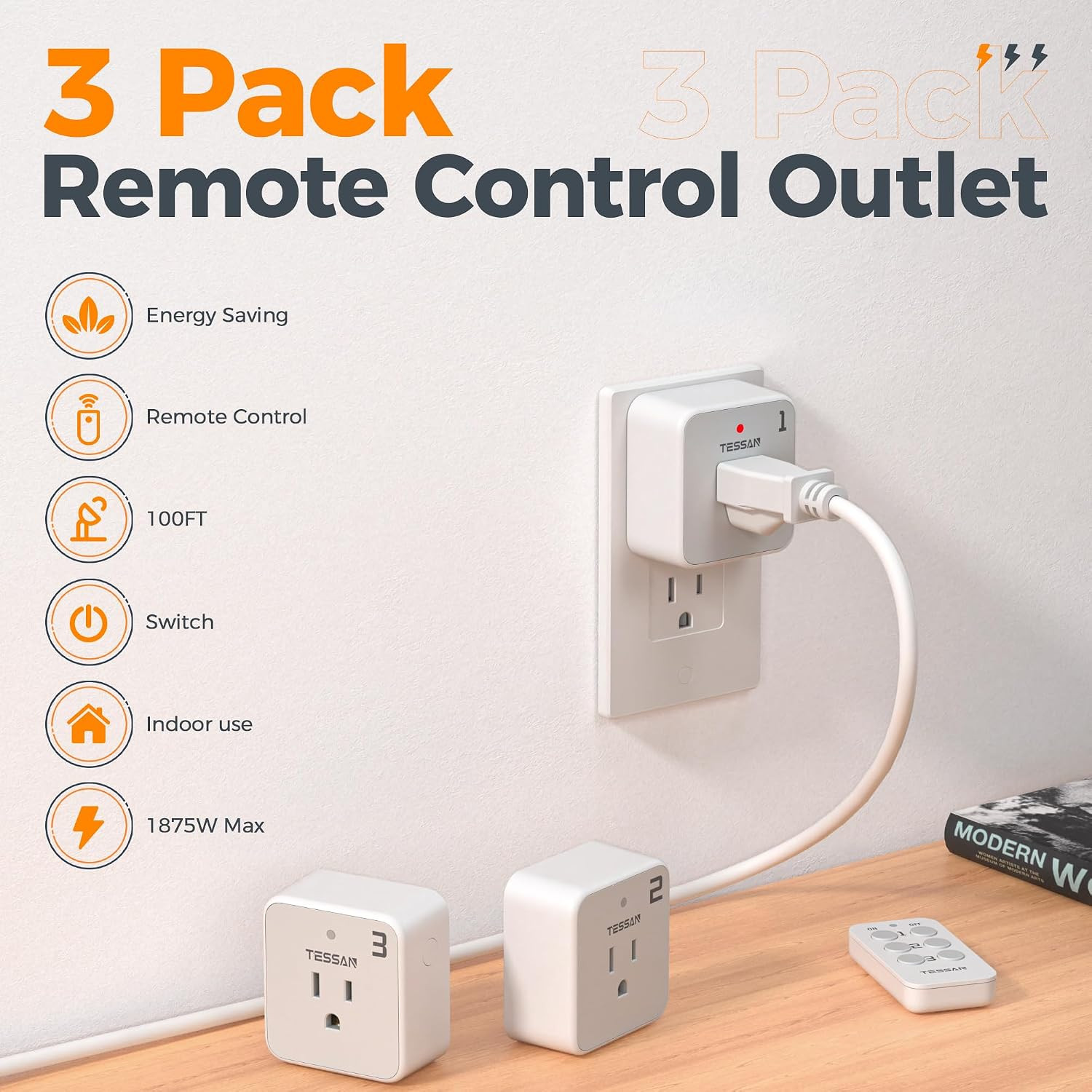 Remote Control Outlet Plug, 1 Remote and 3 Outlets | Wireless Light Switch Kit,