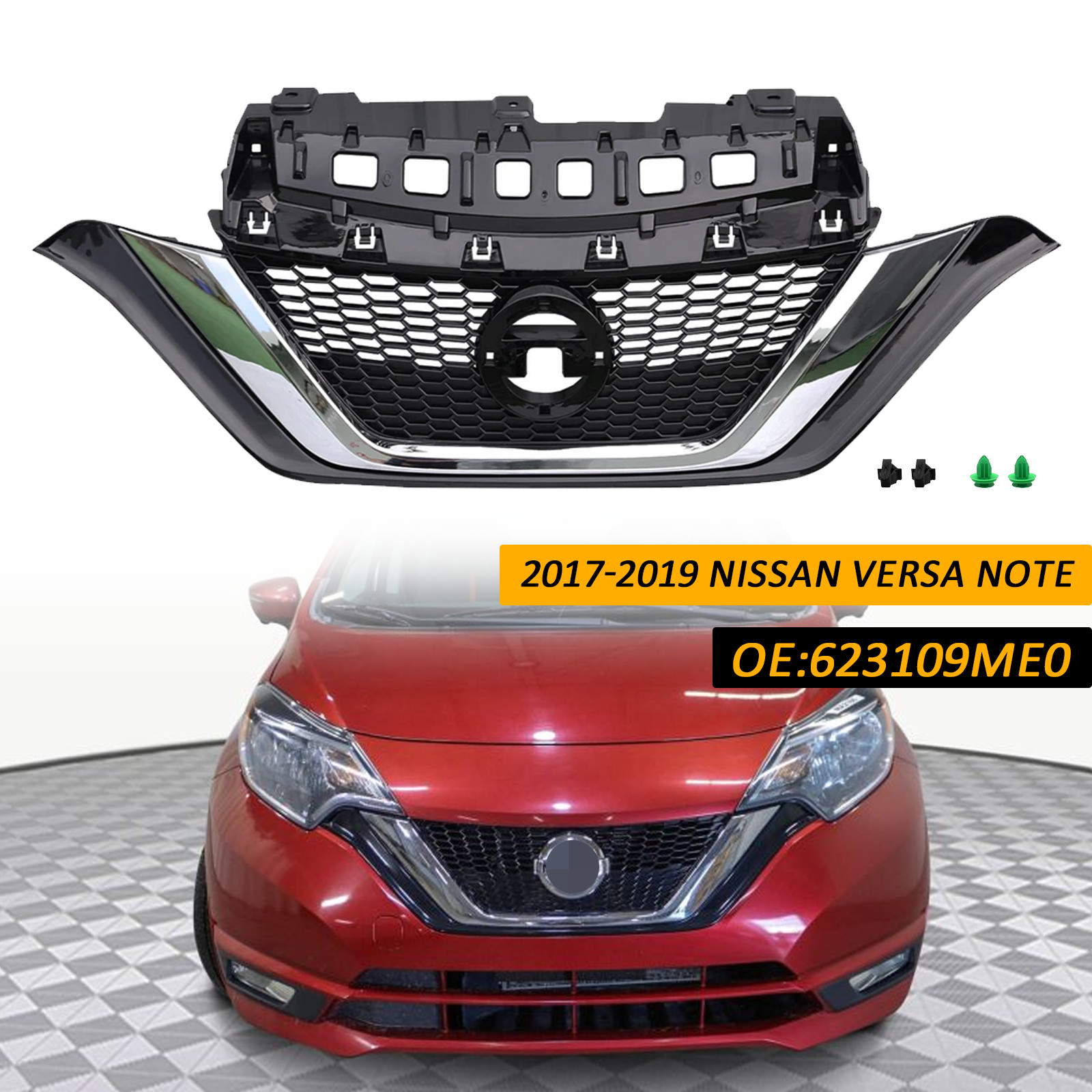 Front Bumper Upper Grille Chrome For 2017-2019 Nissan Versa Note 623109ME0A