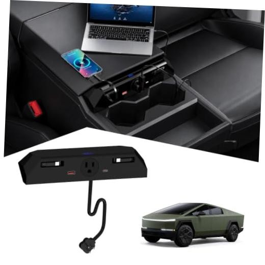 Cybertruck Center Console Power Hub with 110V AC Outlet, Retractable Cable &