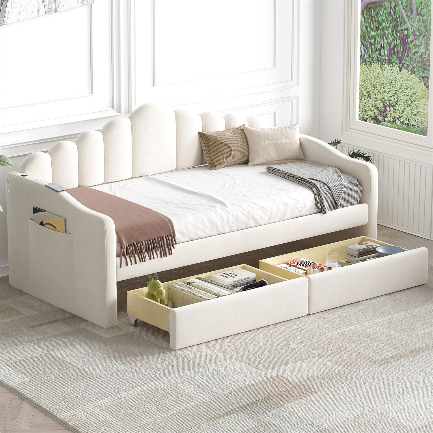 Twin Size Daybed Upholstered Bed Frame Sofa Bed w/ 2 Drawer Beige/Gray/Pink US