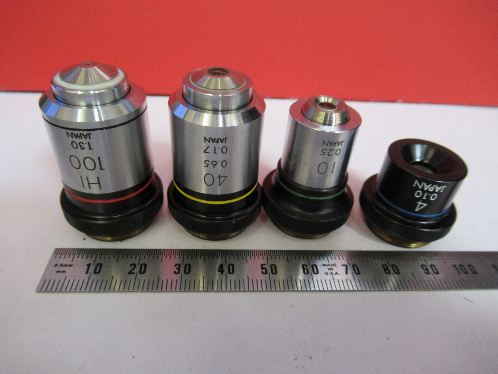 OLYMPUS JAPAN LOT 100X 40X 10X 4X MICROSCOPE PART OBJECTIVE AS PICTURED Y5-A-51