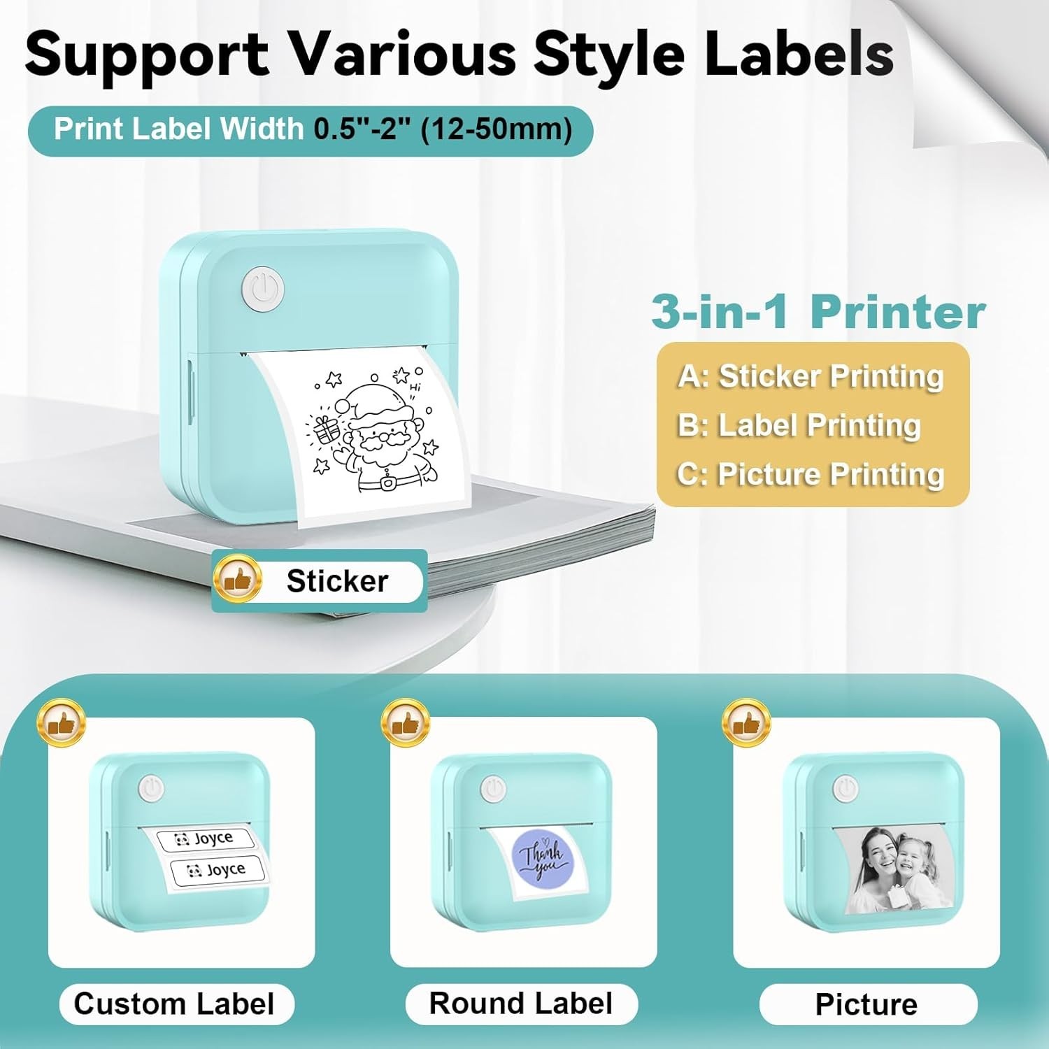 Mini Label Maker Machine with Tape, 2 Inch Bluetooth Themal Printer Inkless