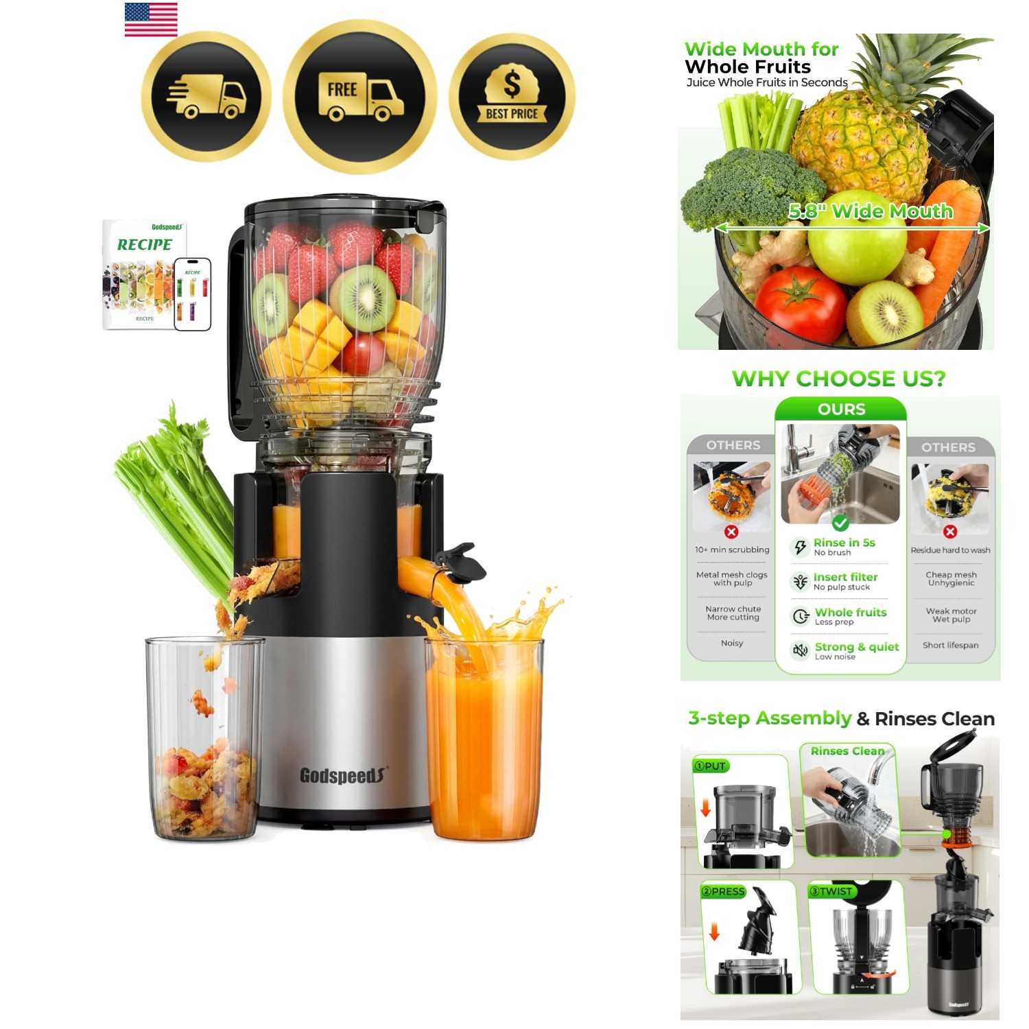 Juicer Machines with 5.8" Large Feed Chute, Slow Masticating Cold Press Juice...