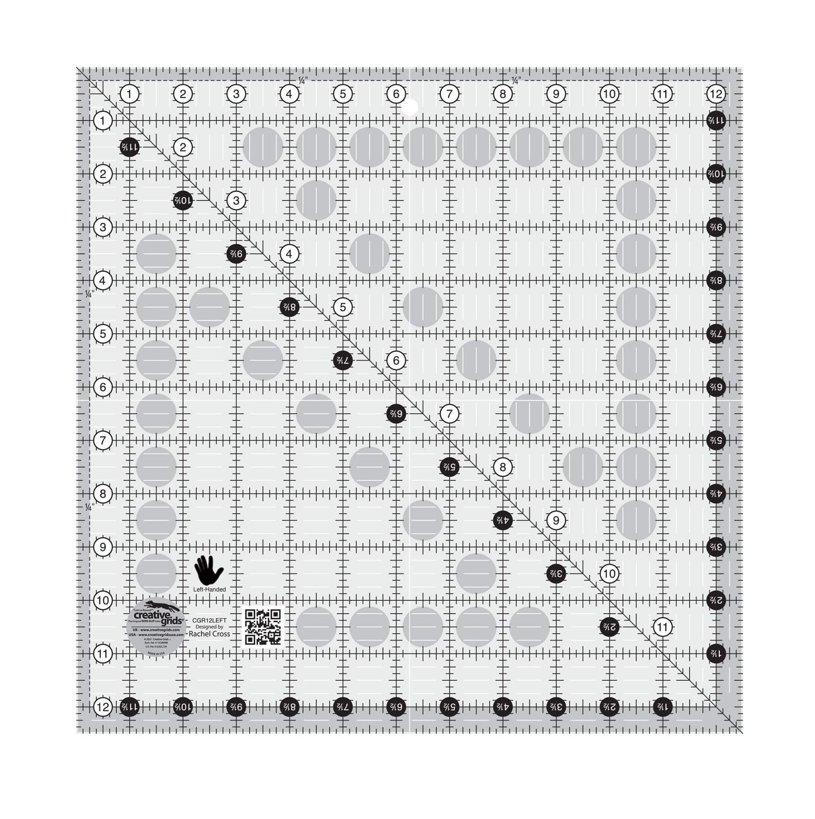 Creative Grids Left Handed Quilt Ruler 12-1/2in Square White