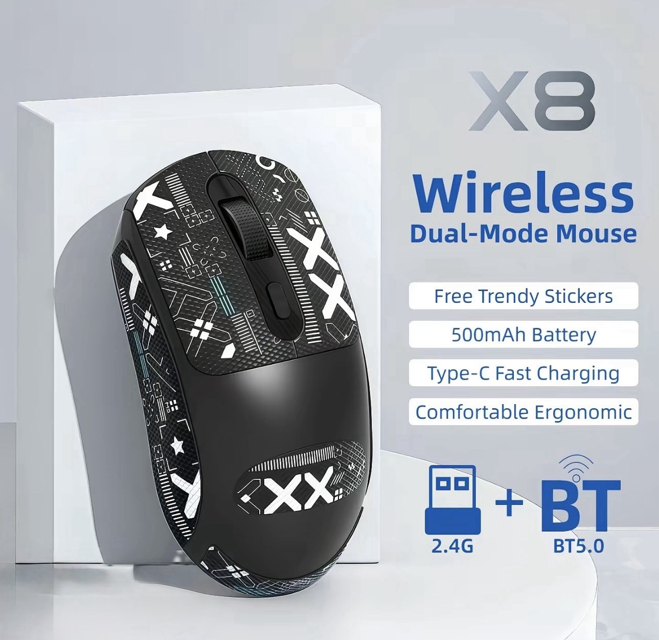 X8 Wireless Bluetooth Optical Ergonomic Rechargeable Mouse - Black
