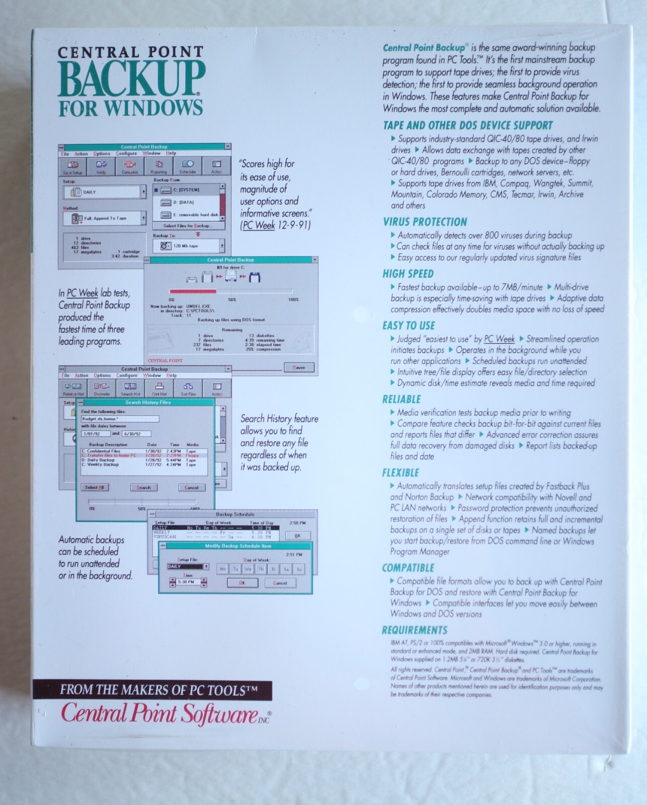 Central Point Version 7.2 Backup Software for Windows 3.25" Disks Sealed VTG PC