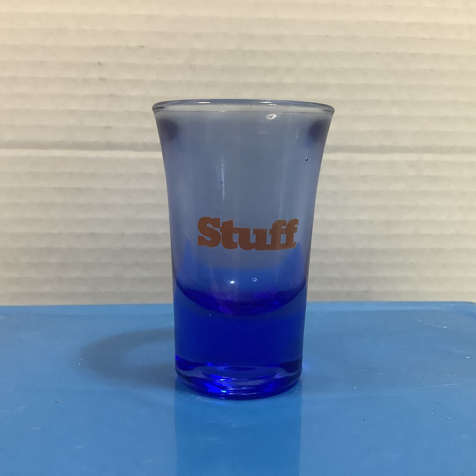 “Stuff” Blue Thick Bottom Shot Glass, COMBINED SHIPPING (SEE STORE)