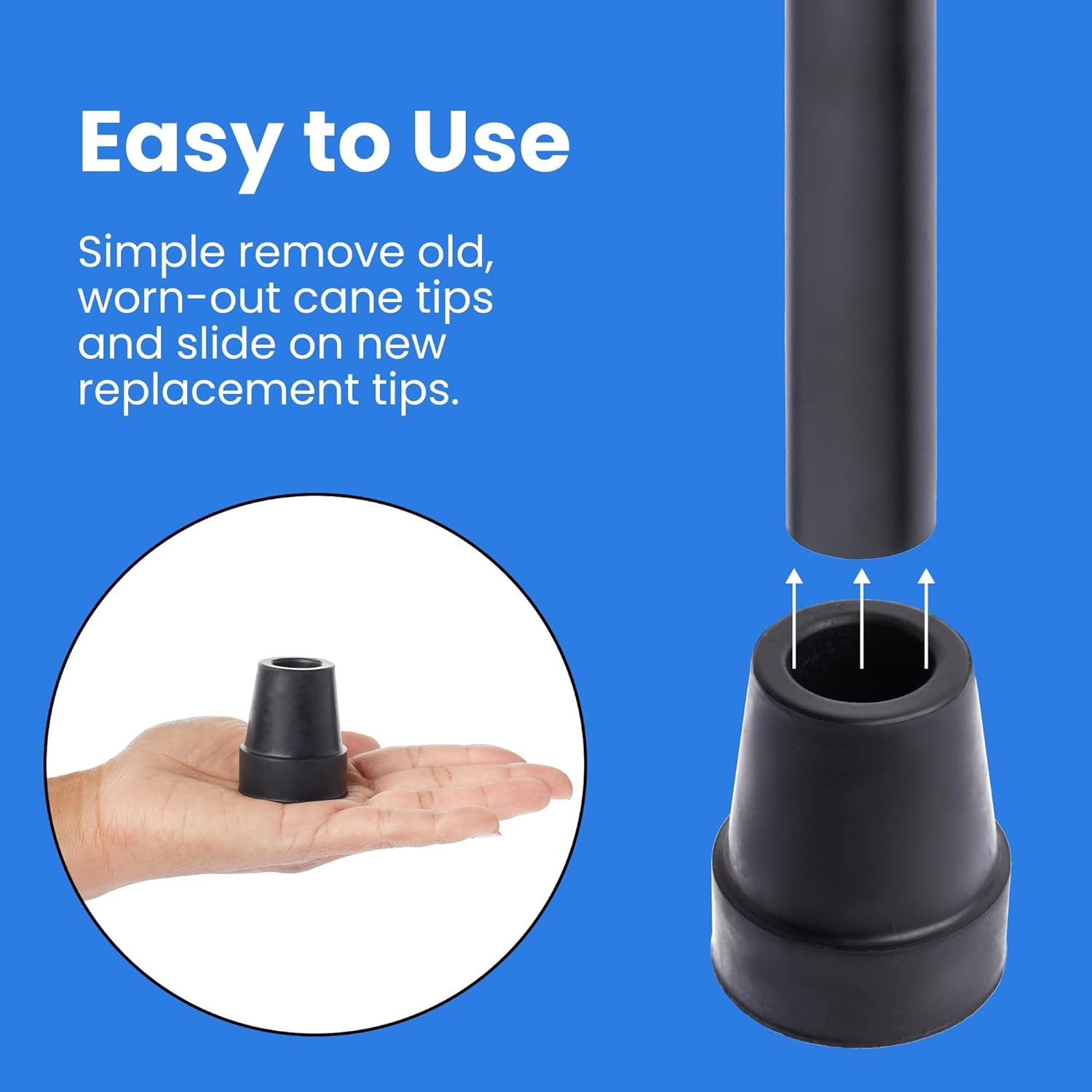 6 Pack Replacement Rubber Cane Tips for Canes, Walking Sticks, Walkers (Black, 3