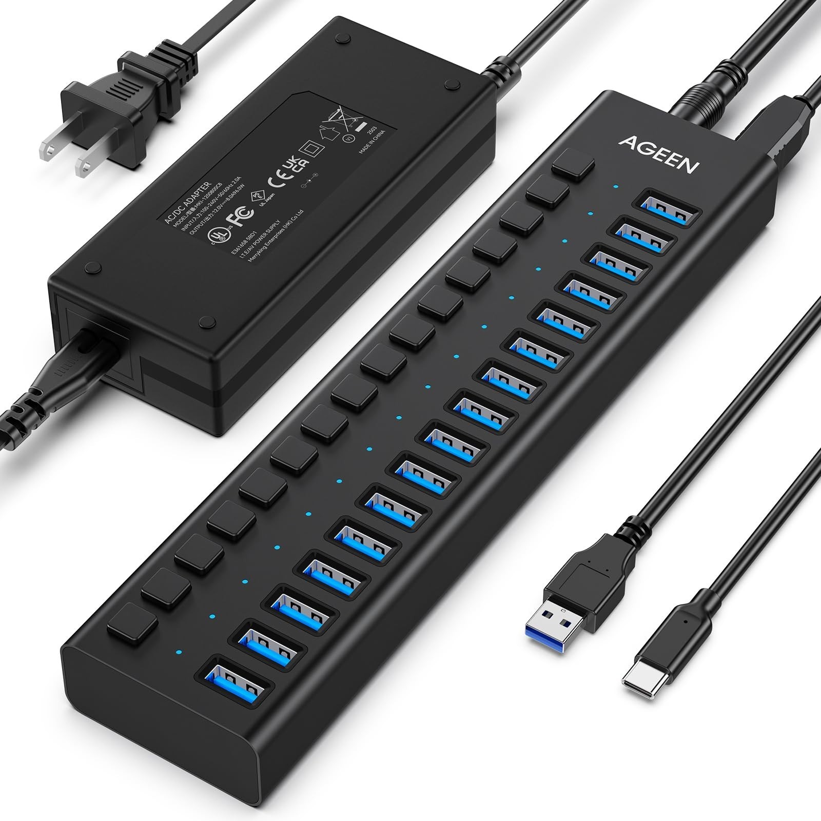 AGEEN 16-Port USB 3.2 Gen 2 Hub, 10Gbps High-Speed Aluminum Powered Hub with ...