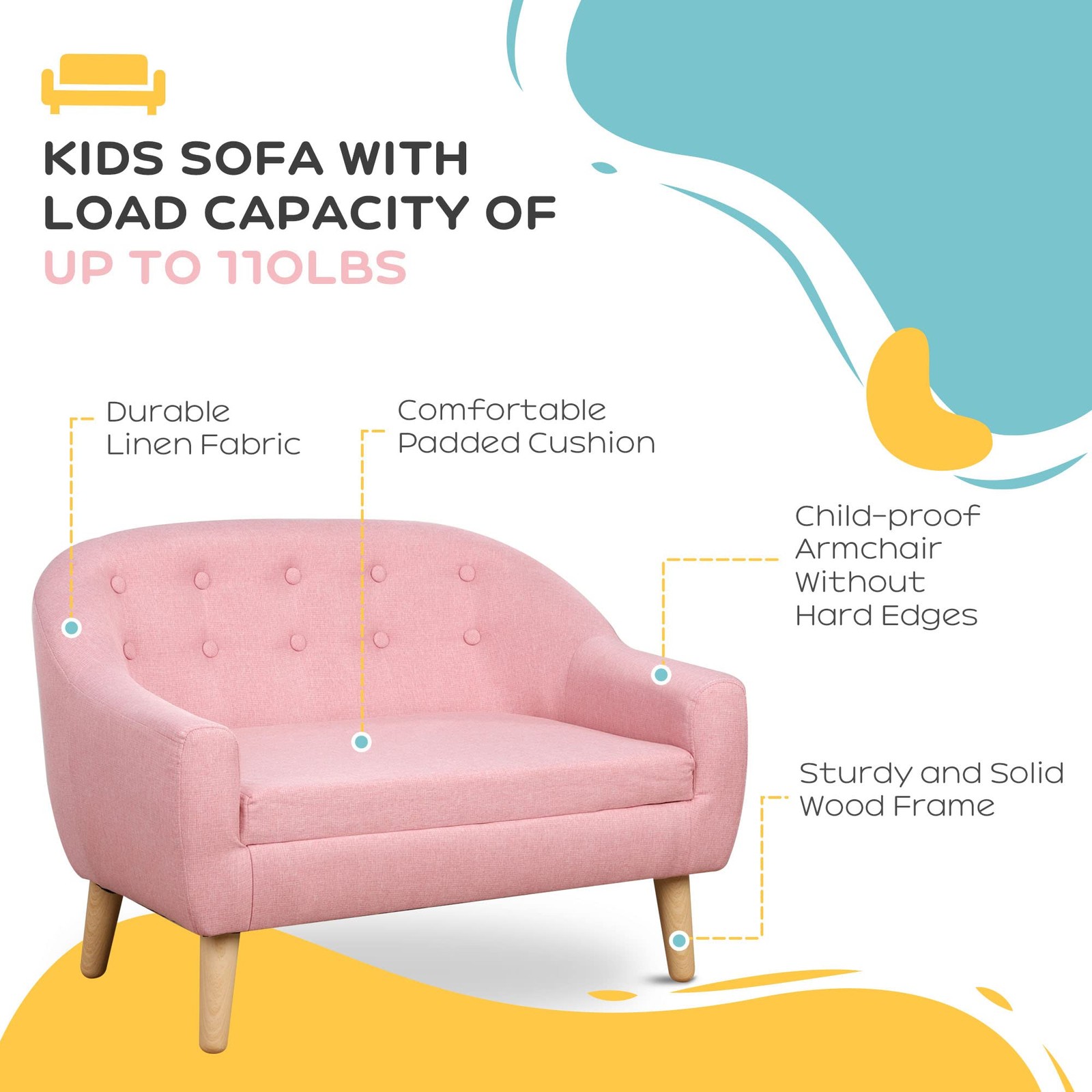 2-Seat Kids Sofa, Toddler Sofa Couch, Linen-Like Fabric and Wooden Frame Sofa...