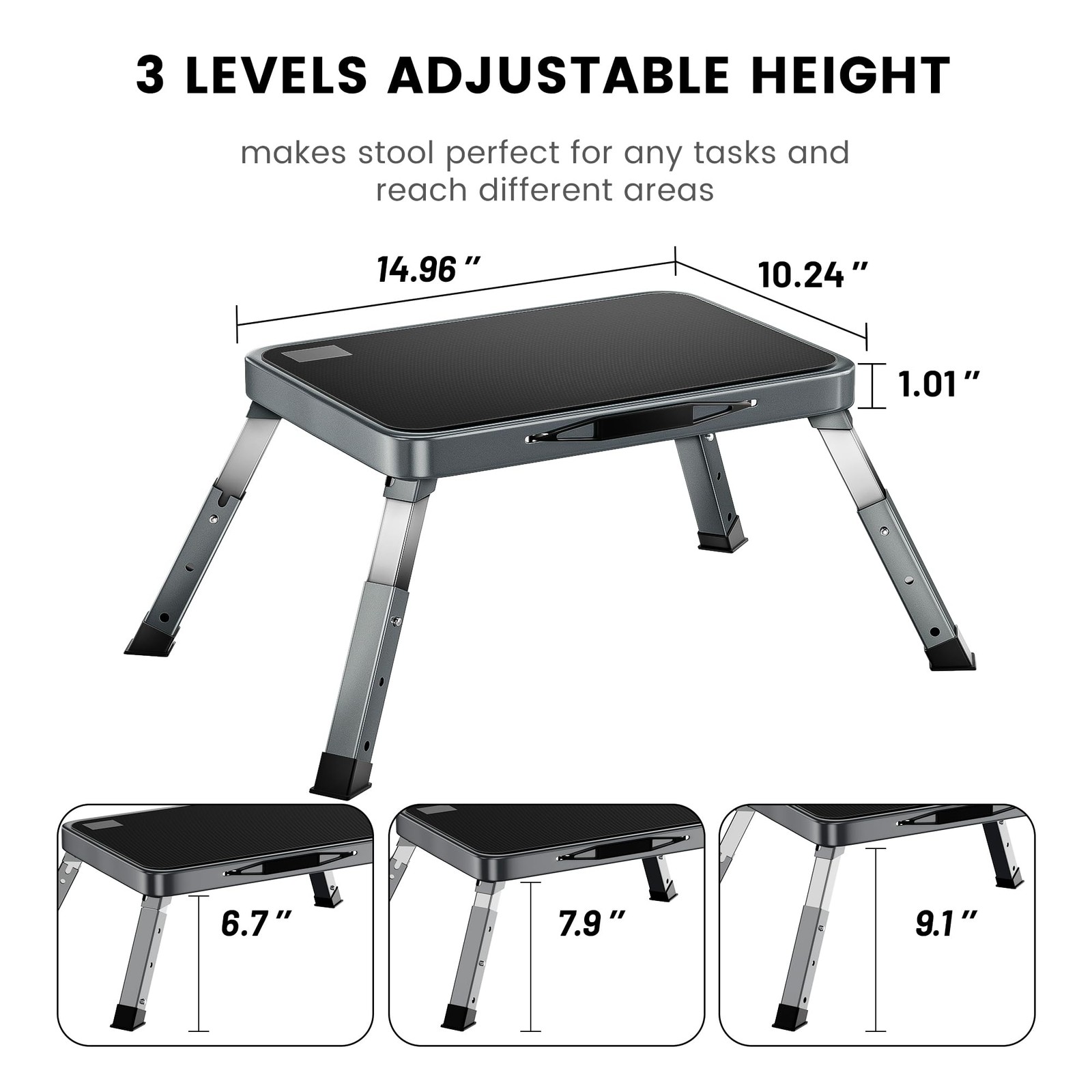 1 Step Stool Folding Height-Adjustable Stool with Anti-Slip Platform, Portabl...