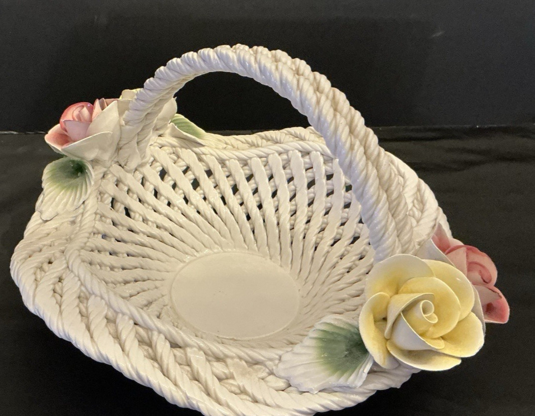 Large 13" Diameter Capodimonte Lattice & Roses Porcelain Basket