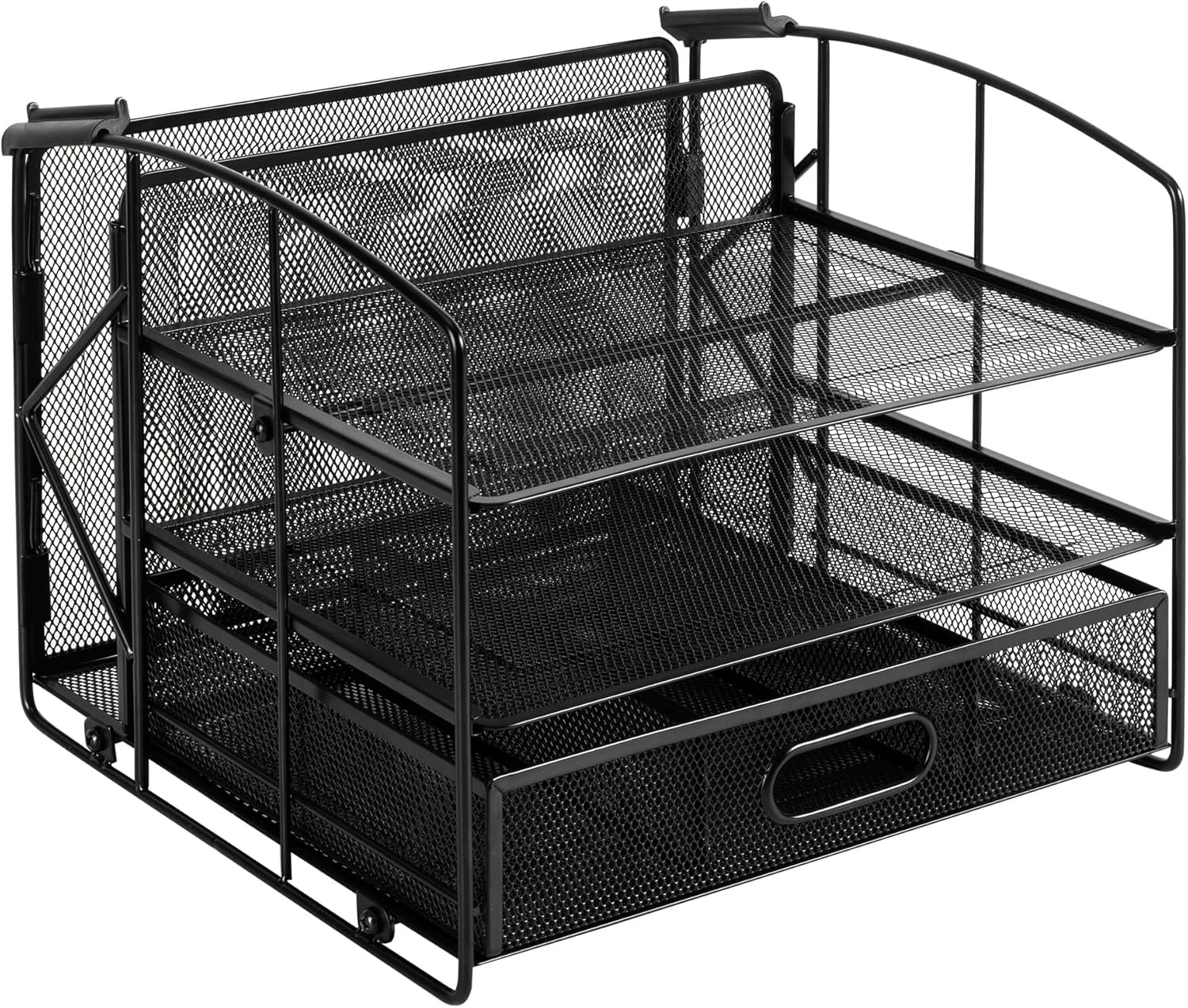 Sturdy Rectangular Desktop Organizer with 3 Trays, Sliding Drawer and Hanging Fi