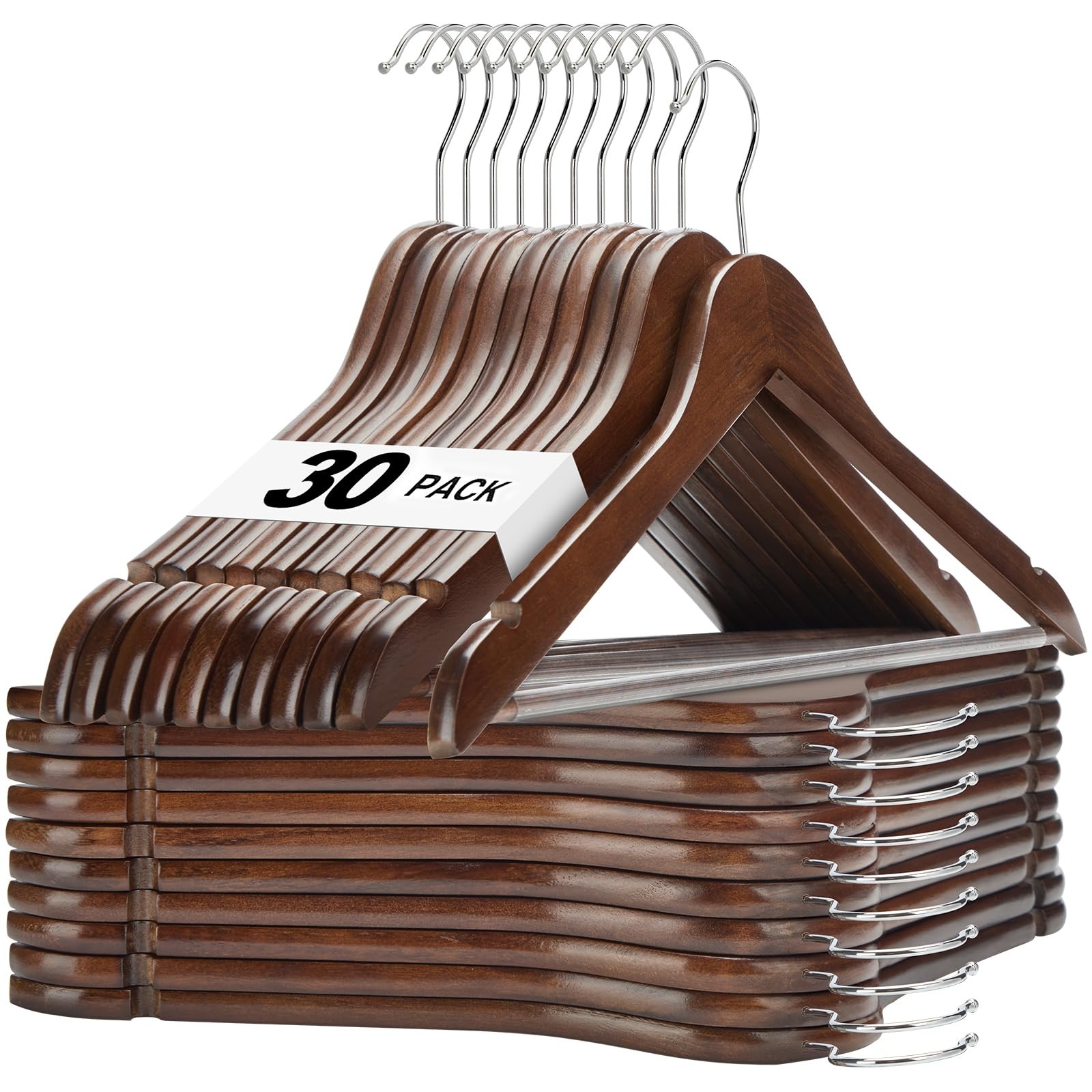 Walnut Wooden Hangers 30 Pack, Heavy Duty Wooden Coat Hanger for Closet, Soli...