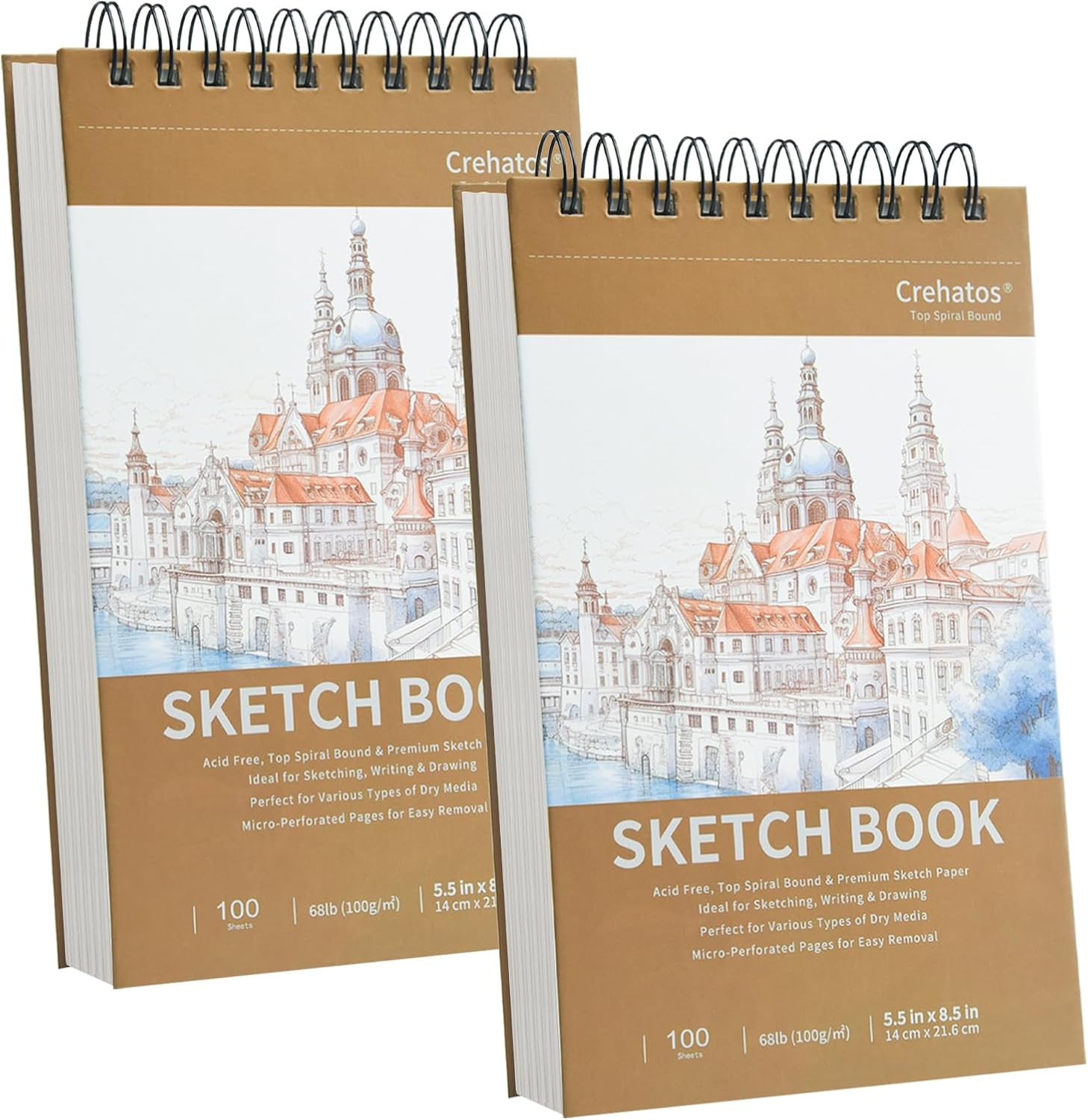 5.5" X 8.5" Small Sketch Book, Top Spiral Bound Sketch Pad, 100 Sheets Each 68Lb