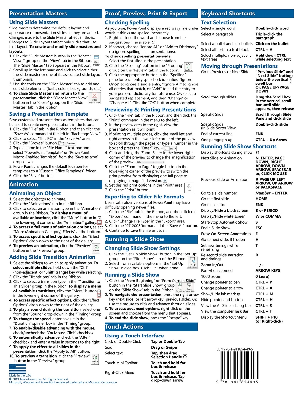 PowerPoint 2019 Introductory Training Guide Quick Reference 4 Page Cheat Sheet