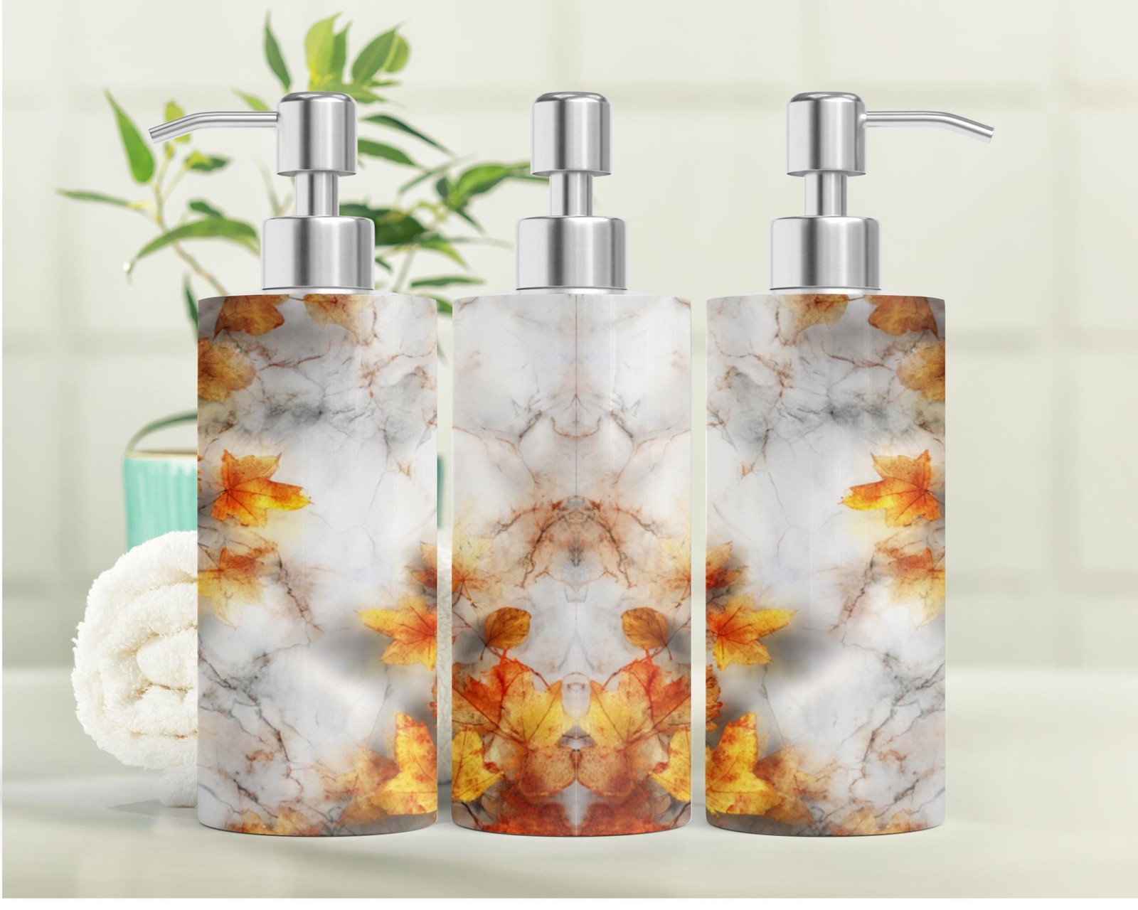 Marble Soap Dispenser Fall Leaves Stainless Steel 18.6oz Wide Opening