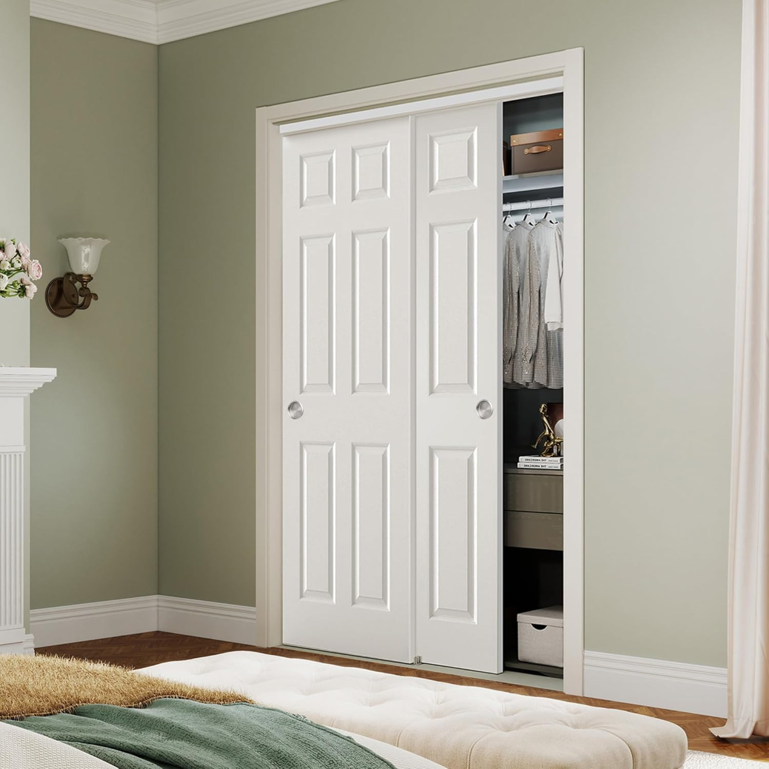 48X80 in Raised Textured 6-Panel Bypass Hollow Core White Primed Sliding Closet