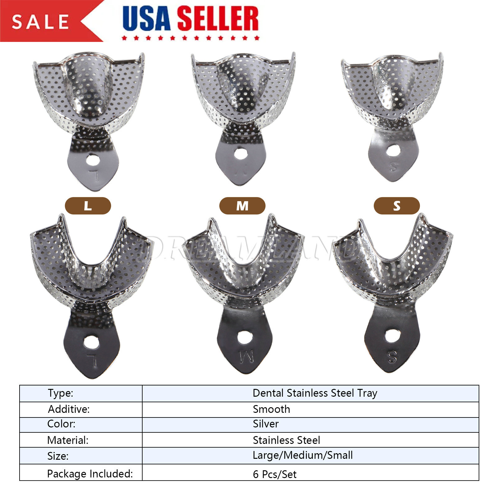 Dental Autoclavable Metal Impression Trays Perforated Stainless Steel S M L 6 Pc