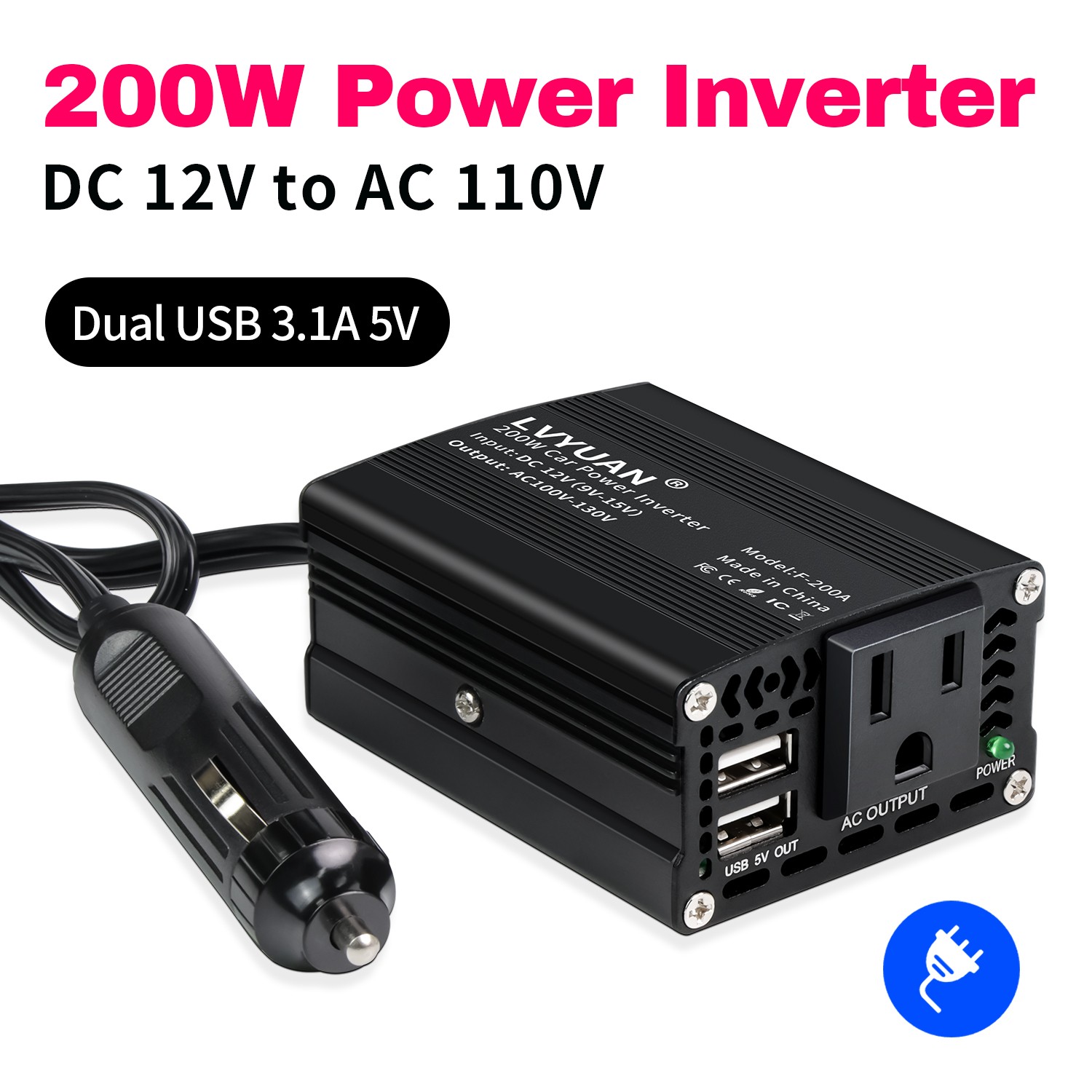 200W Car Vehicle Power Inverter DC 12V to AC 110V 120V Converter With 2USB Black