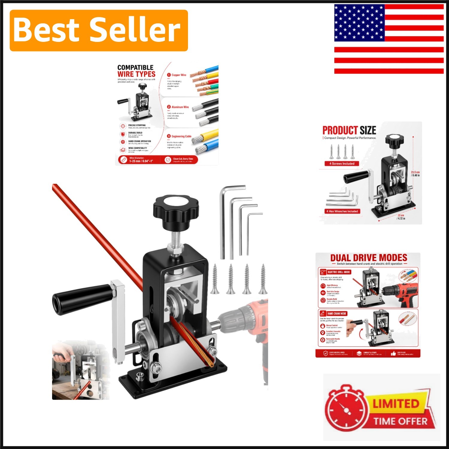 Compact Copper Wire Stripping Tool - Easy Manual Cranking & Drill Compatible