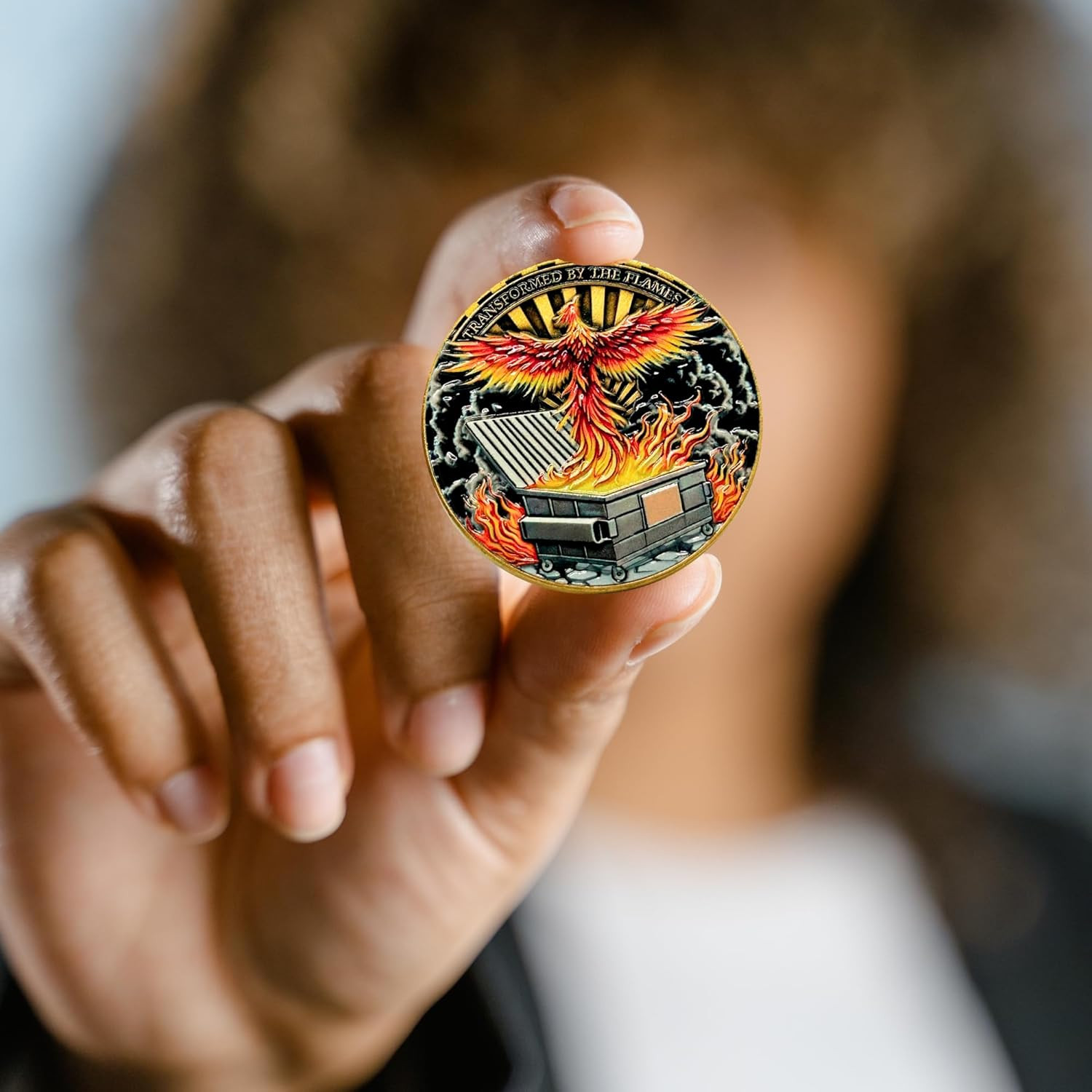 Dumpster Fire Challenge Coin - Phoenix & Knight Design - Transformed by the Flam