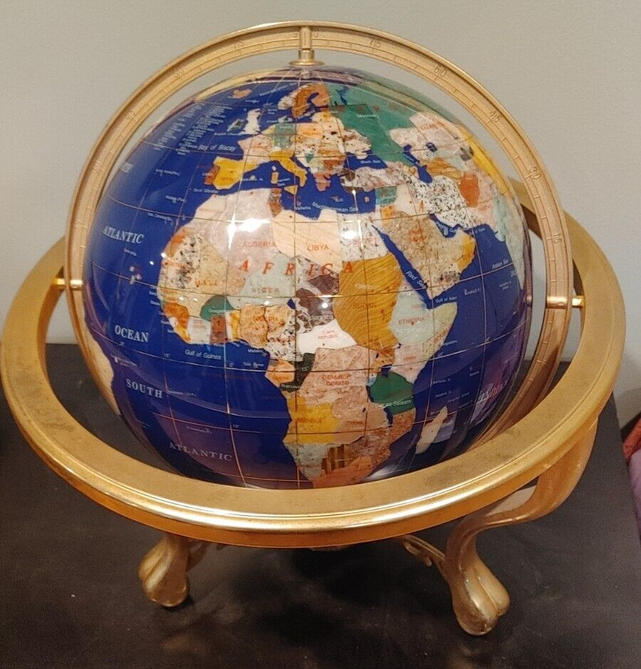 Large 12" Natural Gemstone World Globe & Compass Solid Brass Tripod Footed Stand