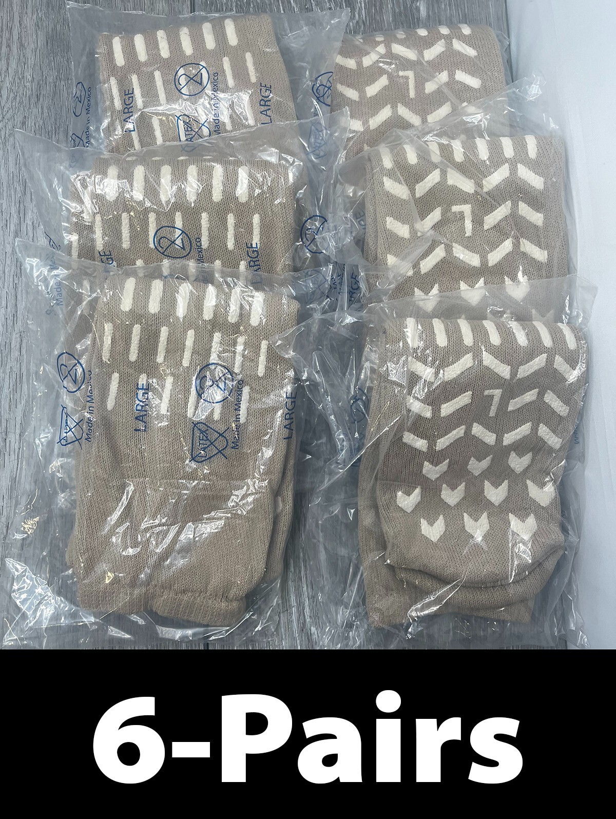 6pk Confetti Treads Hospital Non-Skid No-Slip Socks, Beige Size Large