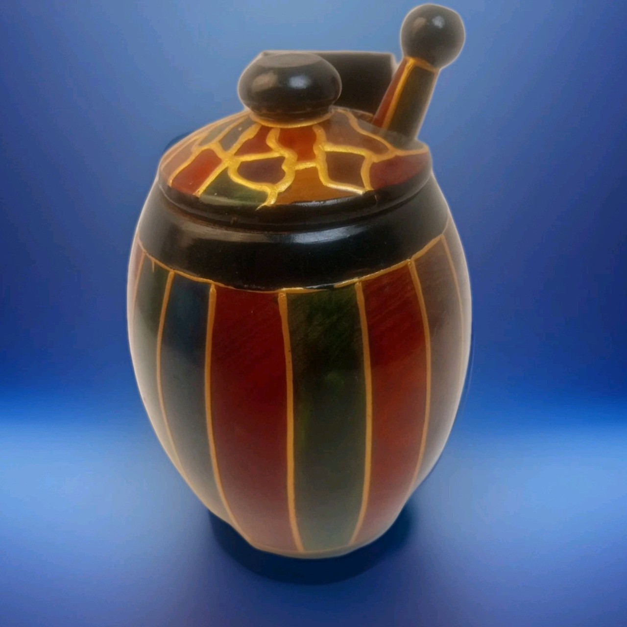 Vintage 5" Hand Carved And Painted Wooden Tunisian Honey Jar