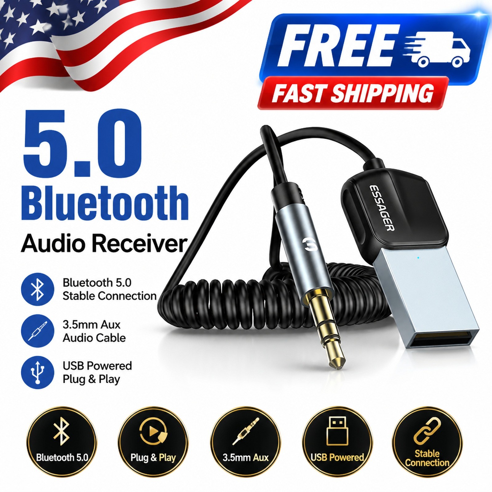 Essager Bluetooth 5.0 3.5mm AUX Adapter USB Audio Receiver Car Speaker