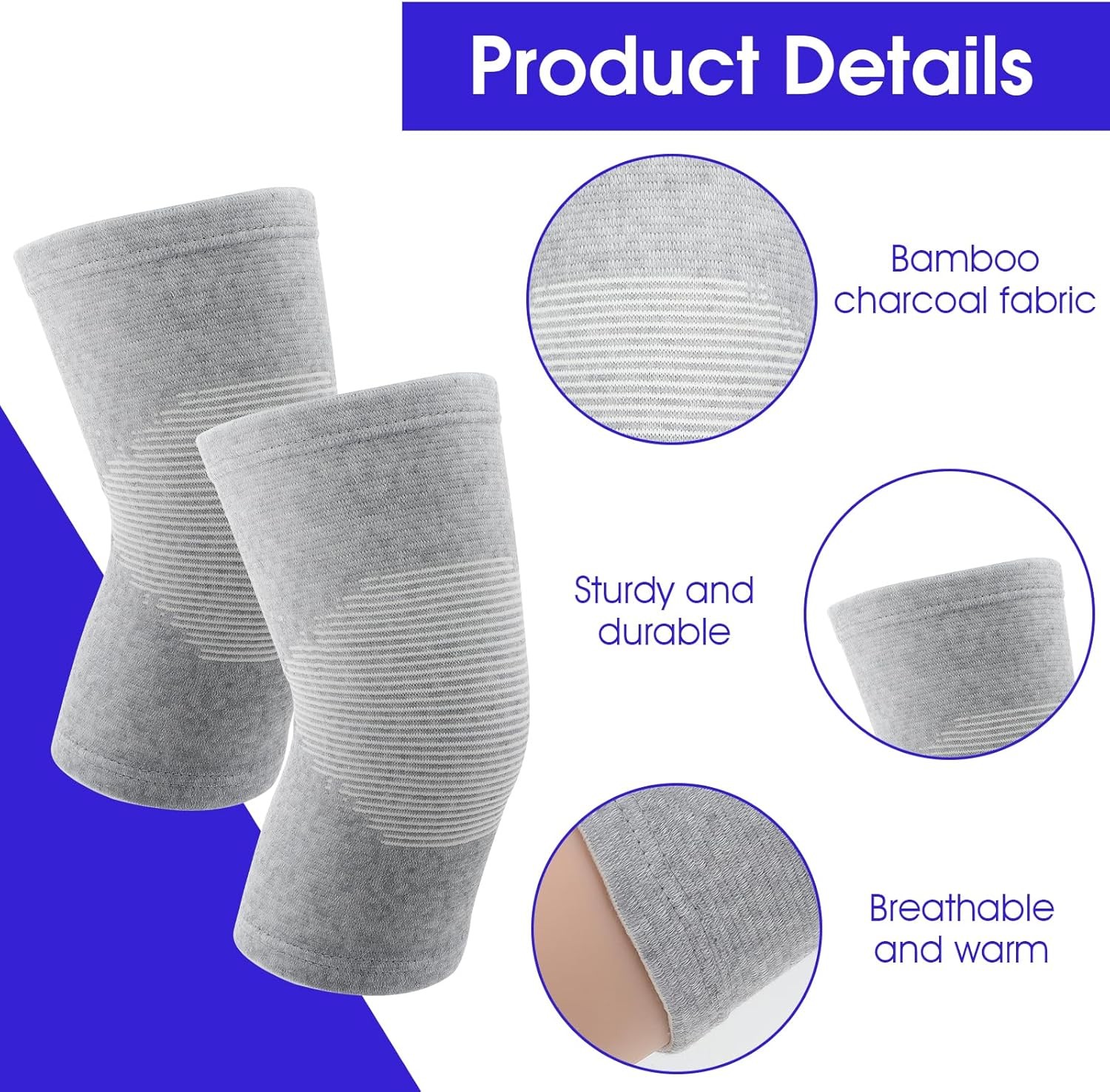 Bamboo Knee Sleeve, Elastic Compression Brace Breathable Large, Gray