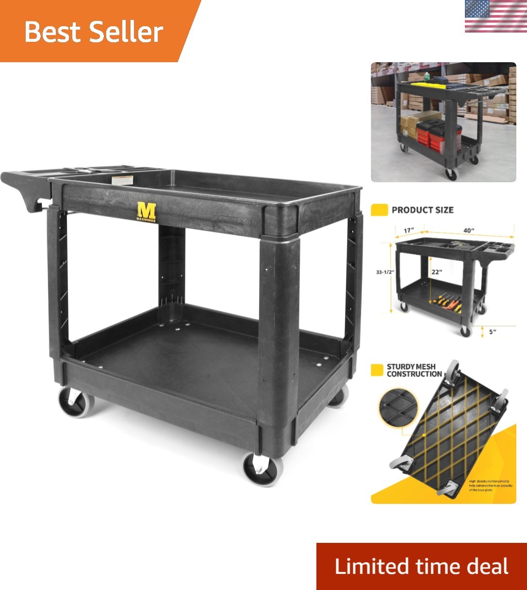 Heavy Duty 2-Shelf Utility Cart - 500 lb Capacity with Easy-Clean Polypropylene