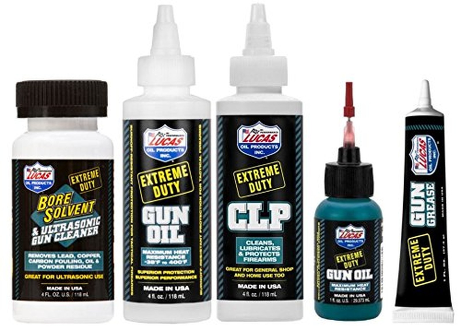 Lucas Extreme Duty 4oz Bore Solvent, Gun Oil, CLP & 1oz Needle Oiler, Grease ...