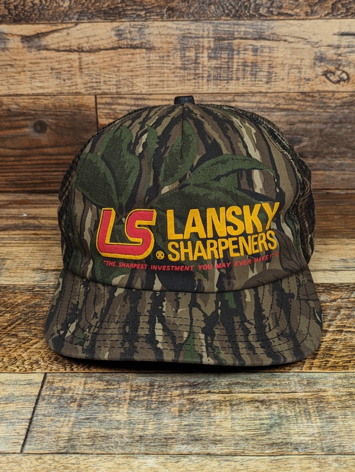 Vintage Lansky Sharpeners Mesh Snapback Camo Hat Cap Made In USA