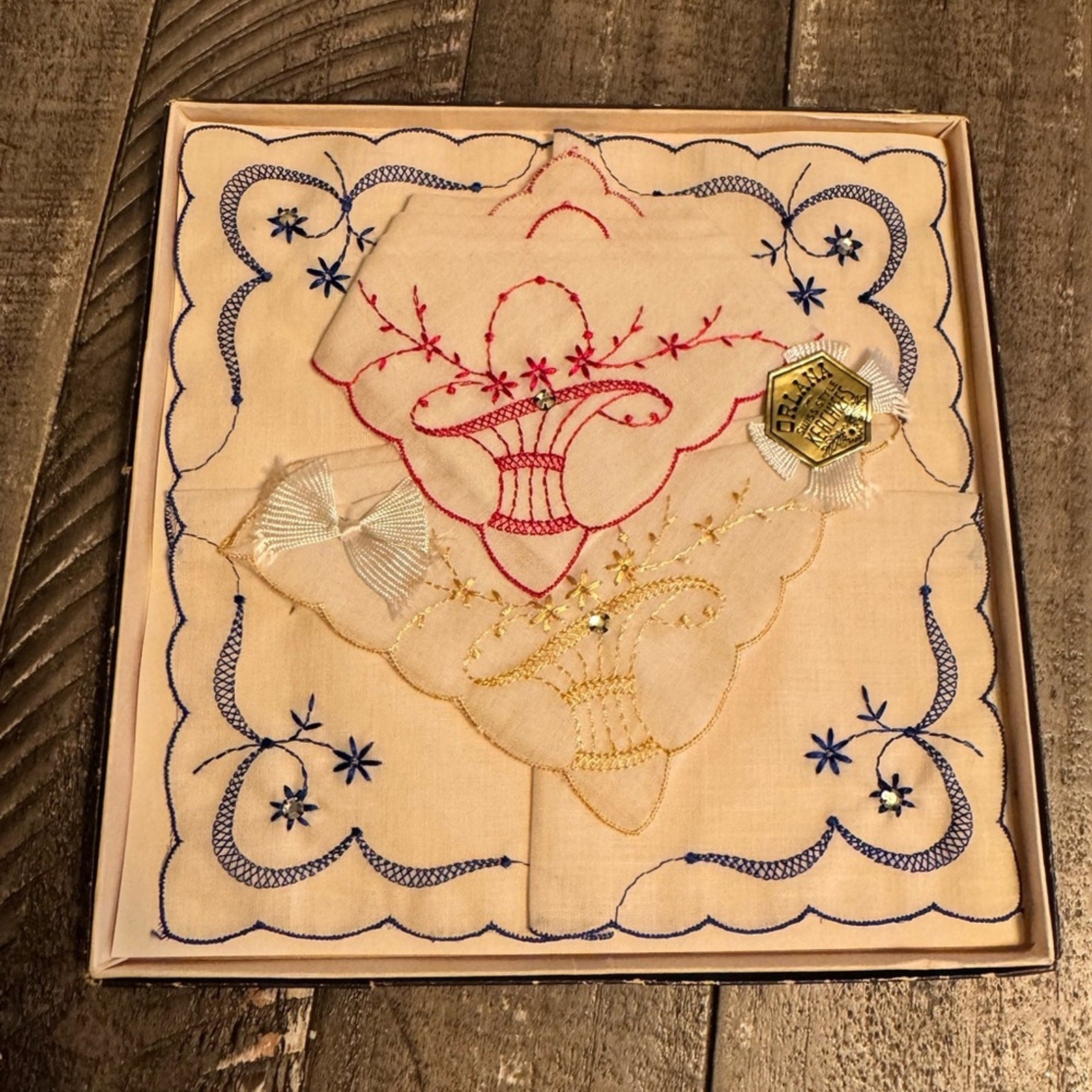 Vintage Orlana Swiss Style Handkerchiefs White Embroidered Set of Hankies New
