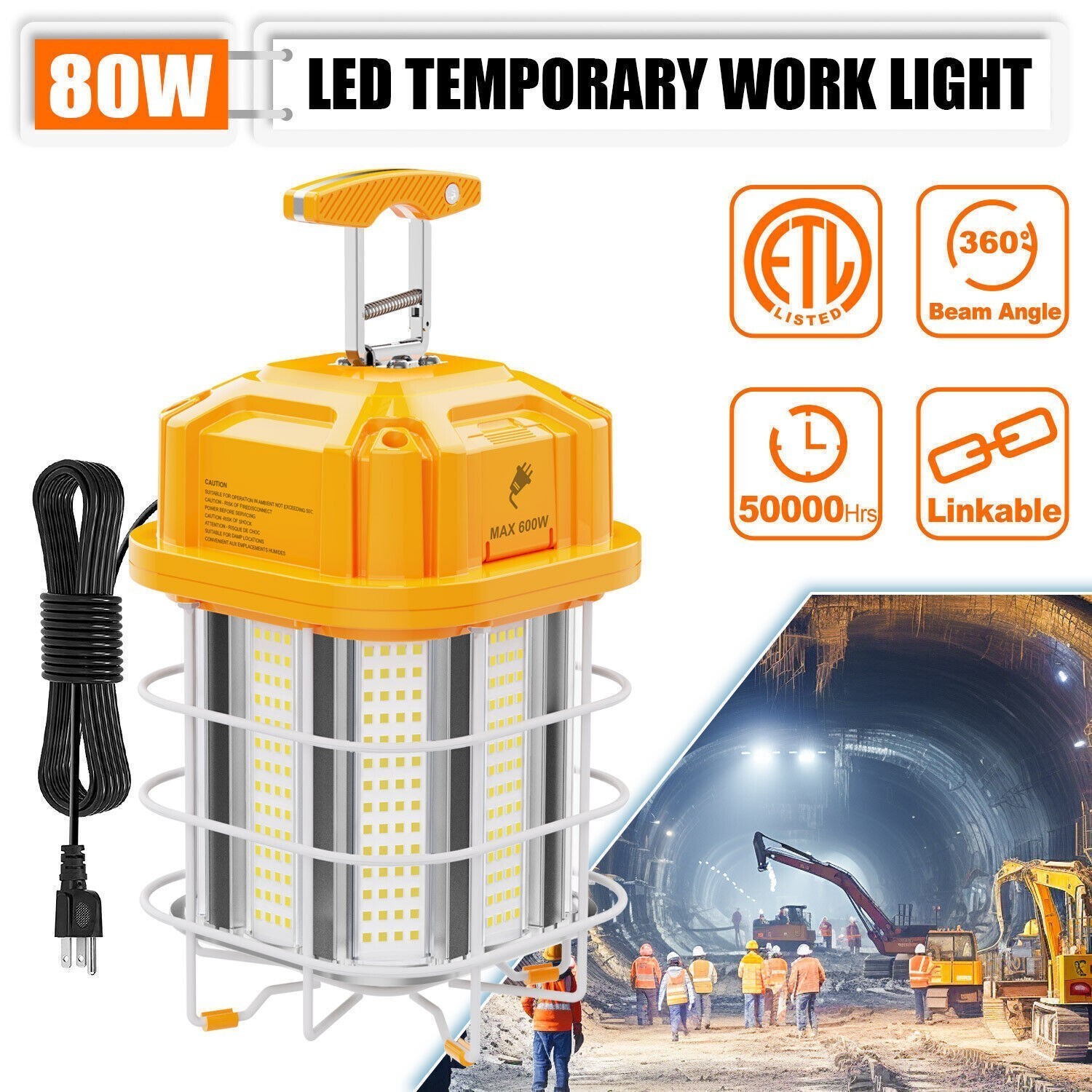 80W LED Temporary Work Light Linkable Construction Job Site Light 5000K 11,600LM