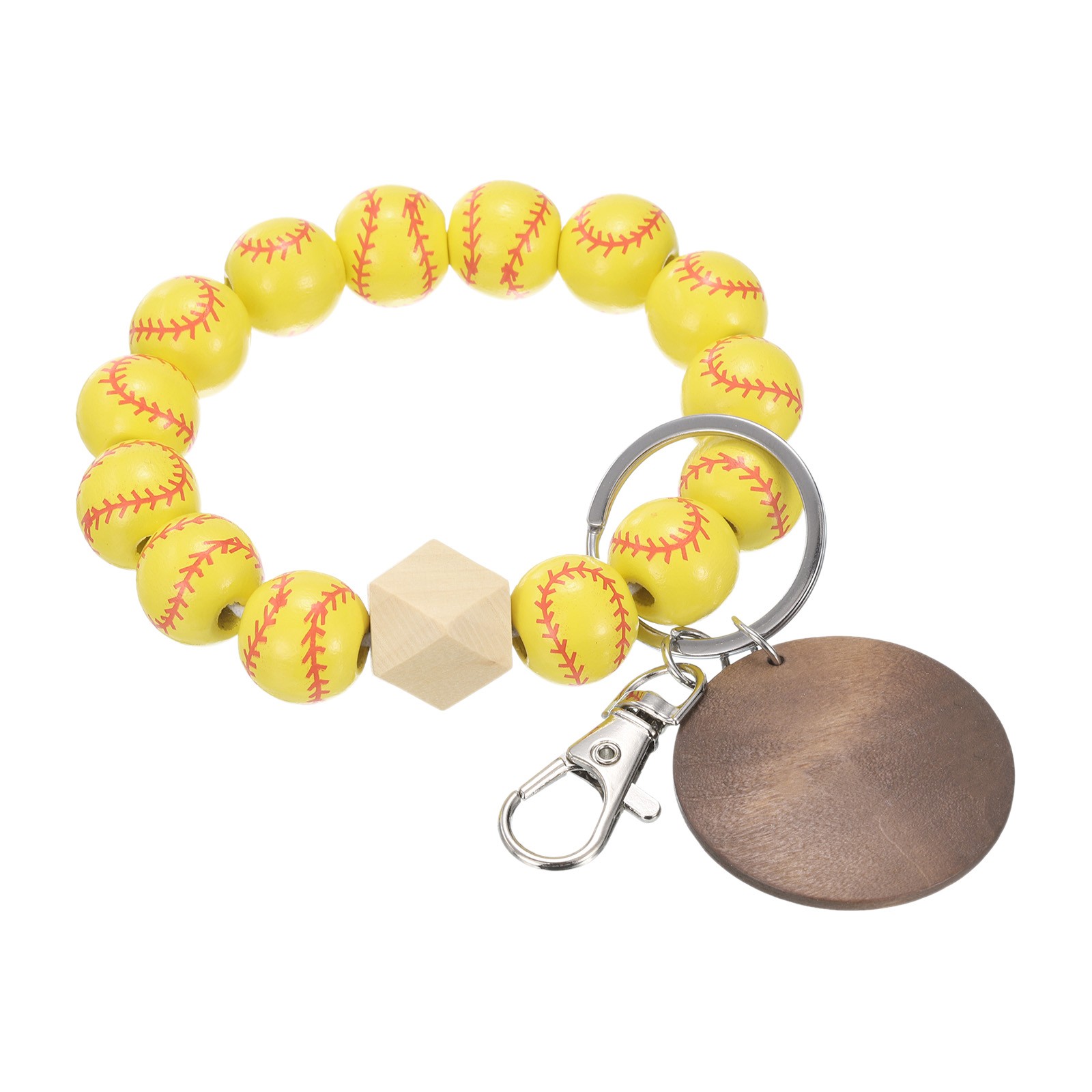 Baseball Charm Wristlet Keychain Sports Bracelet with Brown Wood Chip Yellow