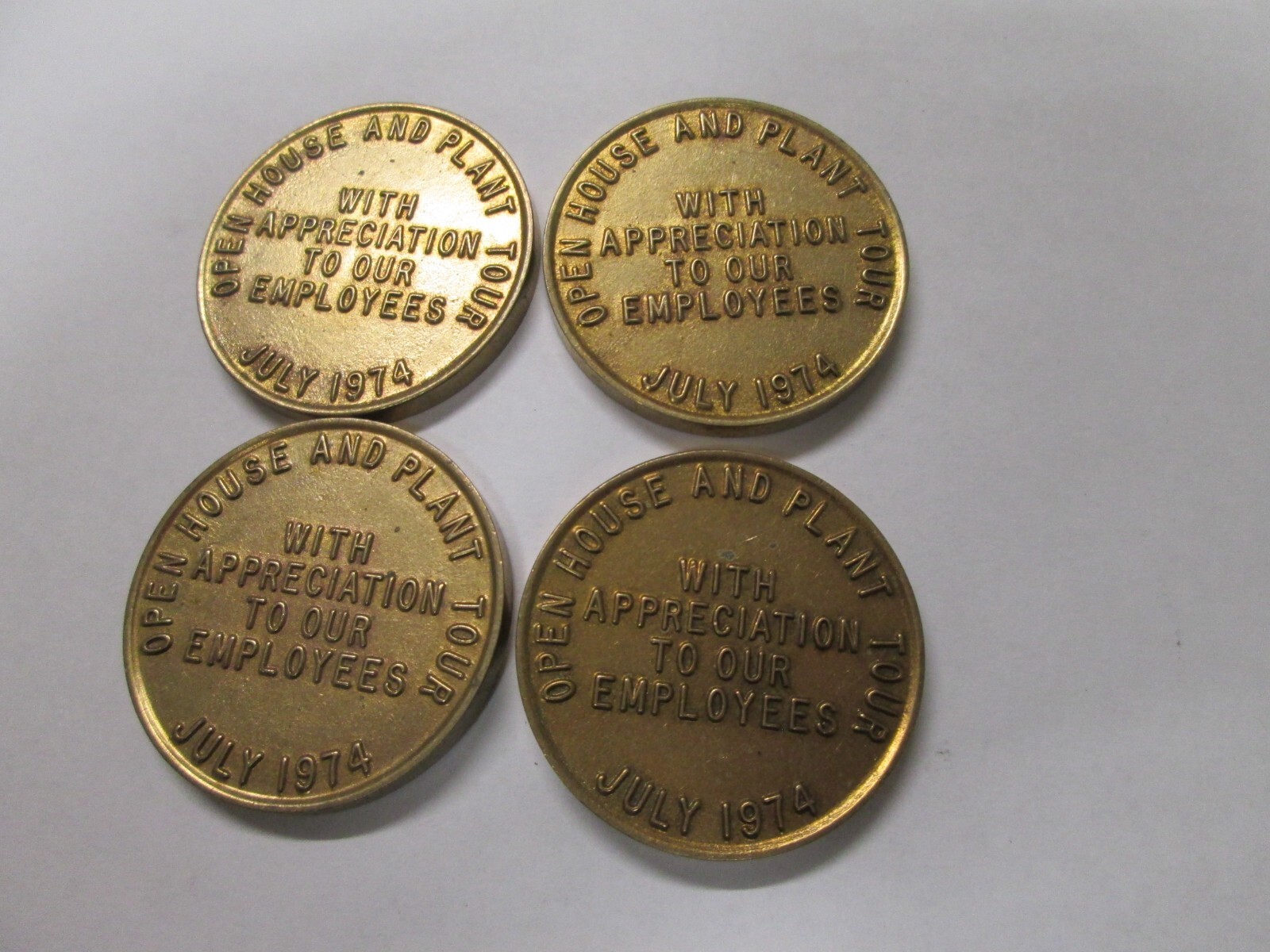 Lot of 4 Mueller Brass Co. 1974 Open House, Plant Tours. Port Huron, MI.  Token