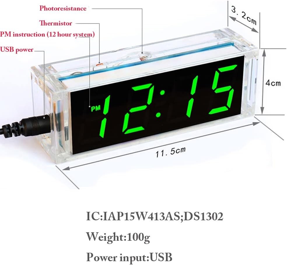 4-Digit Digital Green LED Electronic Alarm Clock DIY Kit Soldering Practice